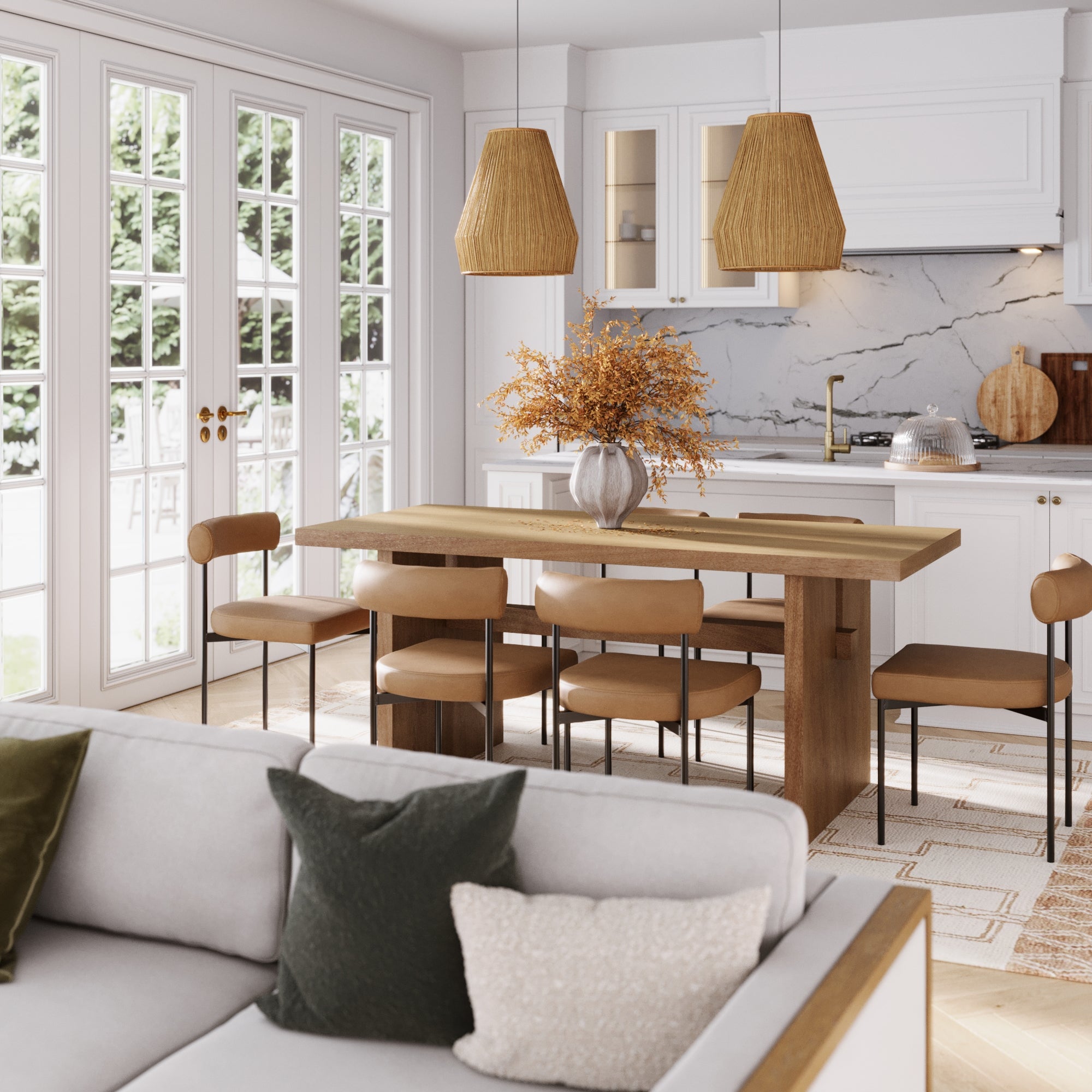 A modern dining area features the Nathan James Mid-Century Dining Set in light brown with six chairs. A vase with dried foliage, pendant lights, a marble backsplash kitchen, large windows, and a gray sofa complete the stylish space.