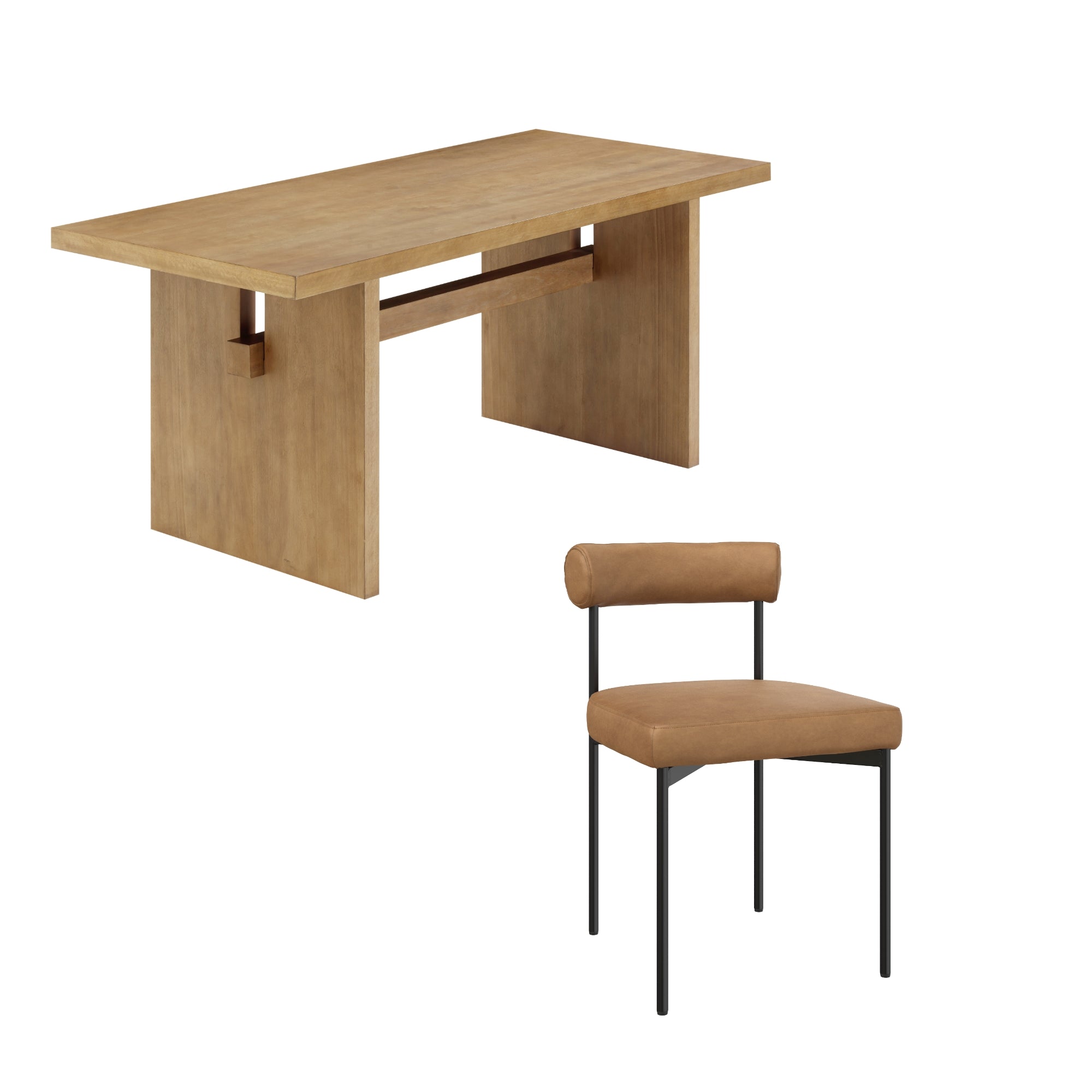 A modern wooden rectangular table with a minimalist design and a tan upholstered chair with a black metal frame, both set against a white background.