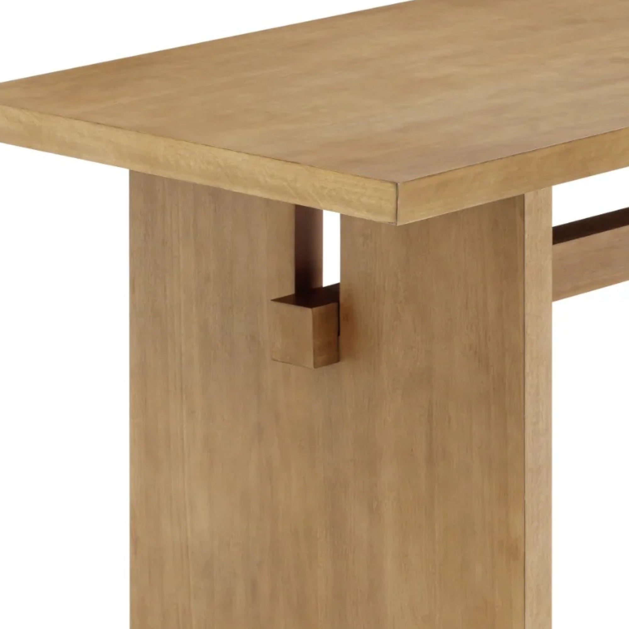 A close-up view of a wooden table showcasing its thick rectangular tabletop and sturdy vertical leg with a modern, minimalist design and a natural wood finish.