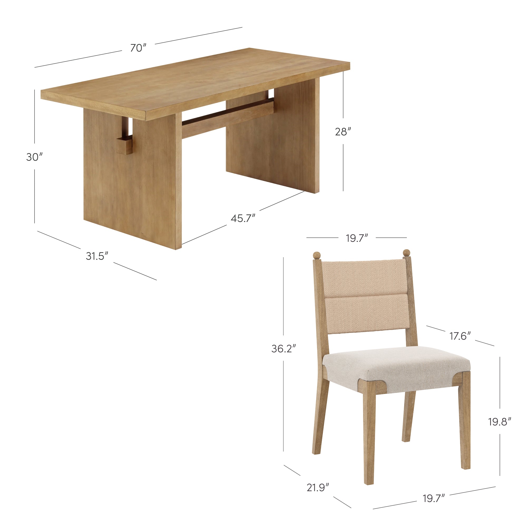 Wooden dining table with a rectangular top, measuring 70 L x 31.5 W x 30 H, and a matching padded chair, 19.7 W x 21.9 D x 36.2 H, with beige upholstery and wooden legs.