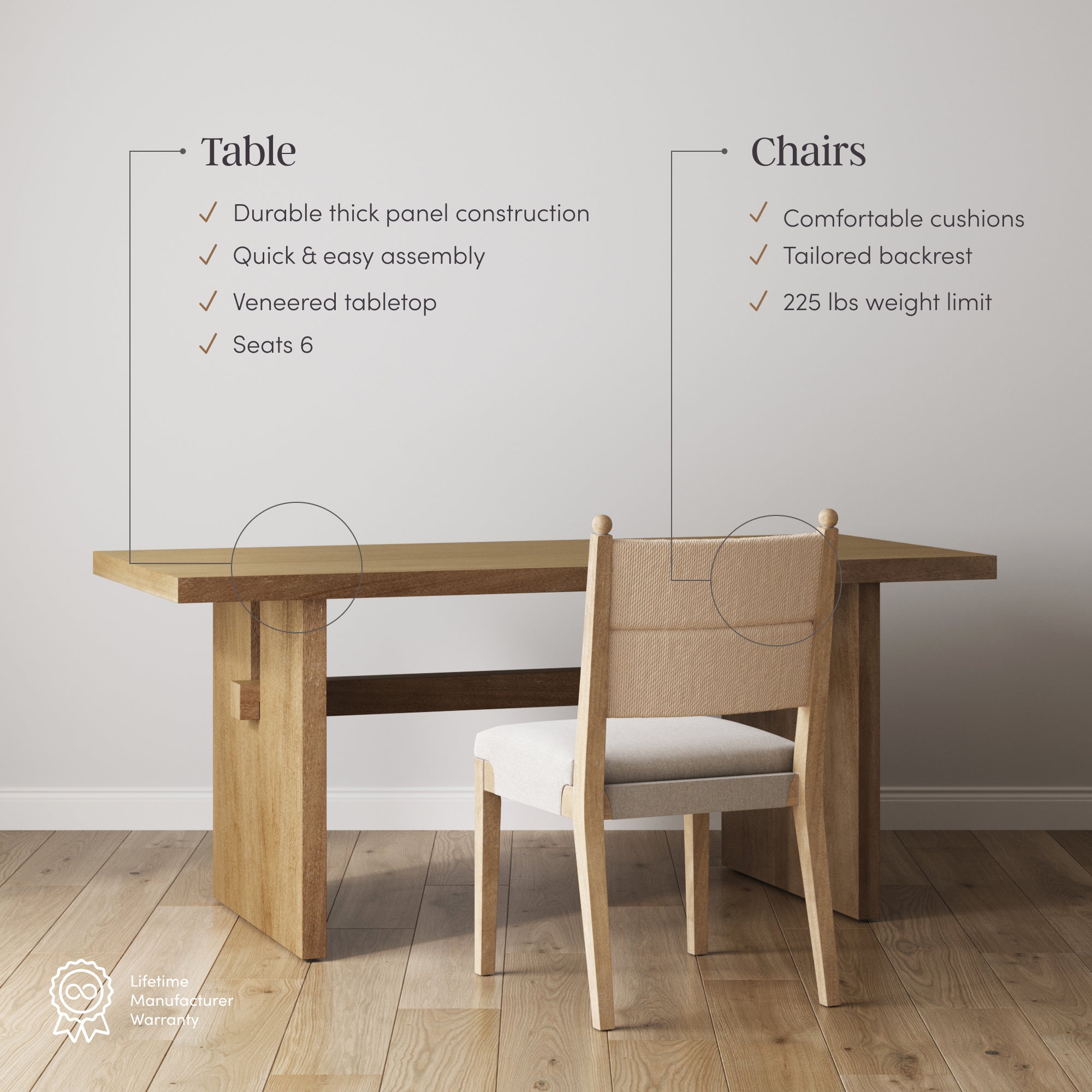 A wooden dining table with a beige cushioned chair in front; text highlights features of the table and chairs, such as durable construction, easy assembly, tailored backrest, and a 225 lbs weight limit.
