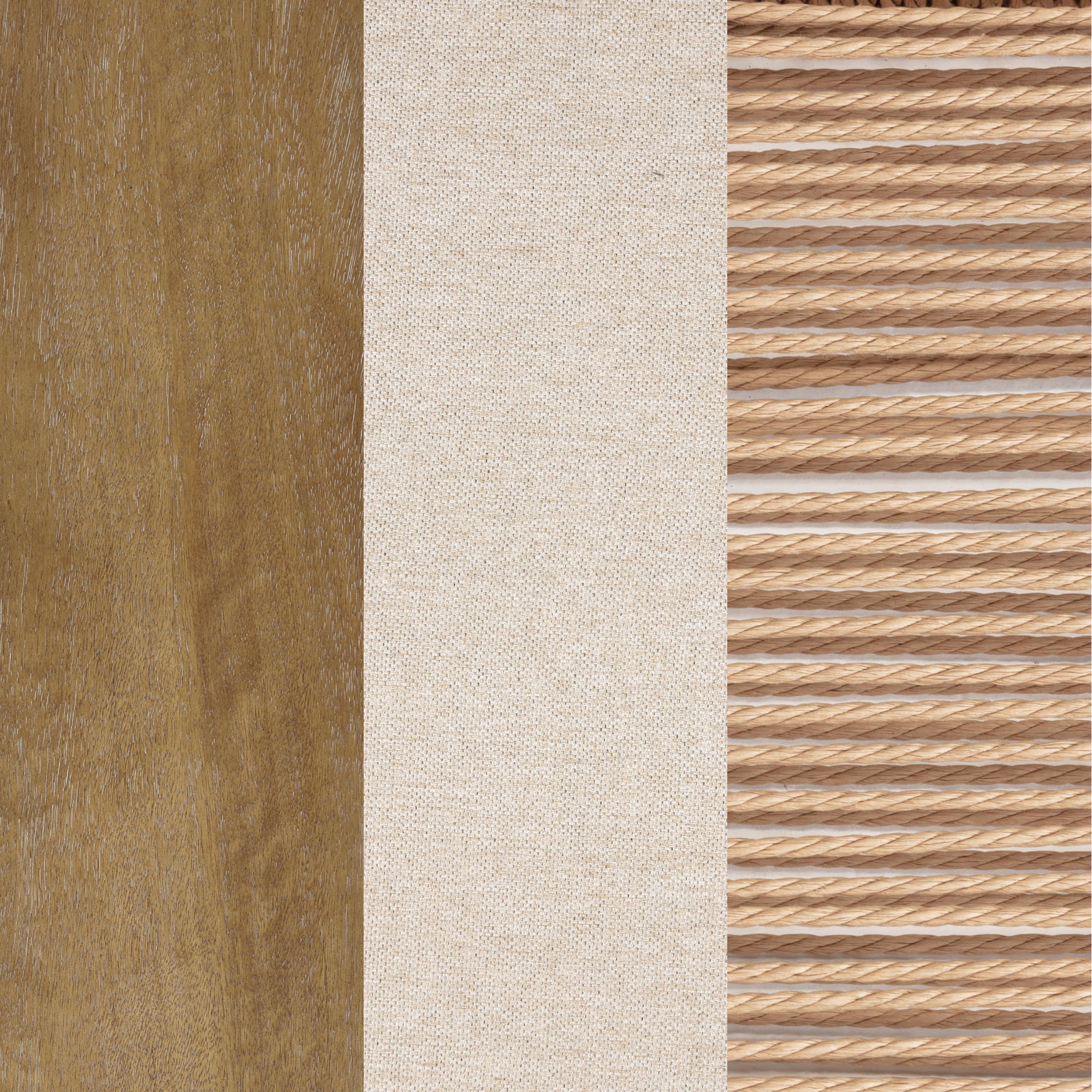 A vertical composition featuring three sections: smooth light wood on the left, textured beige fabric in the center, and parallel rows of twisted rope on the right.
