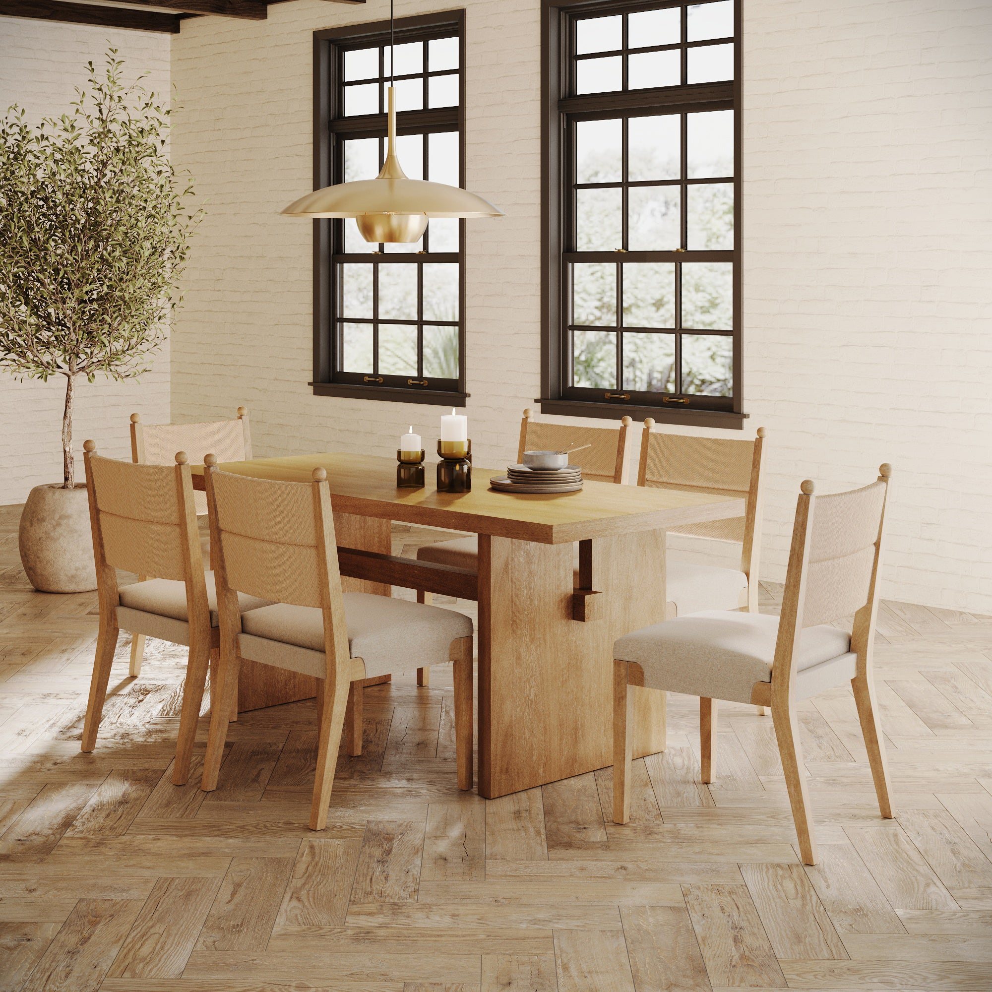 Boho Solid Wood Dining Set Light Brown (6 Chairs)