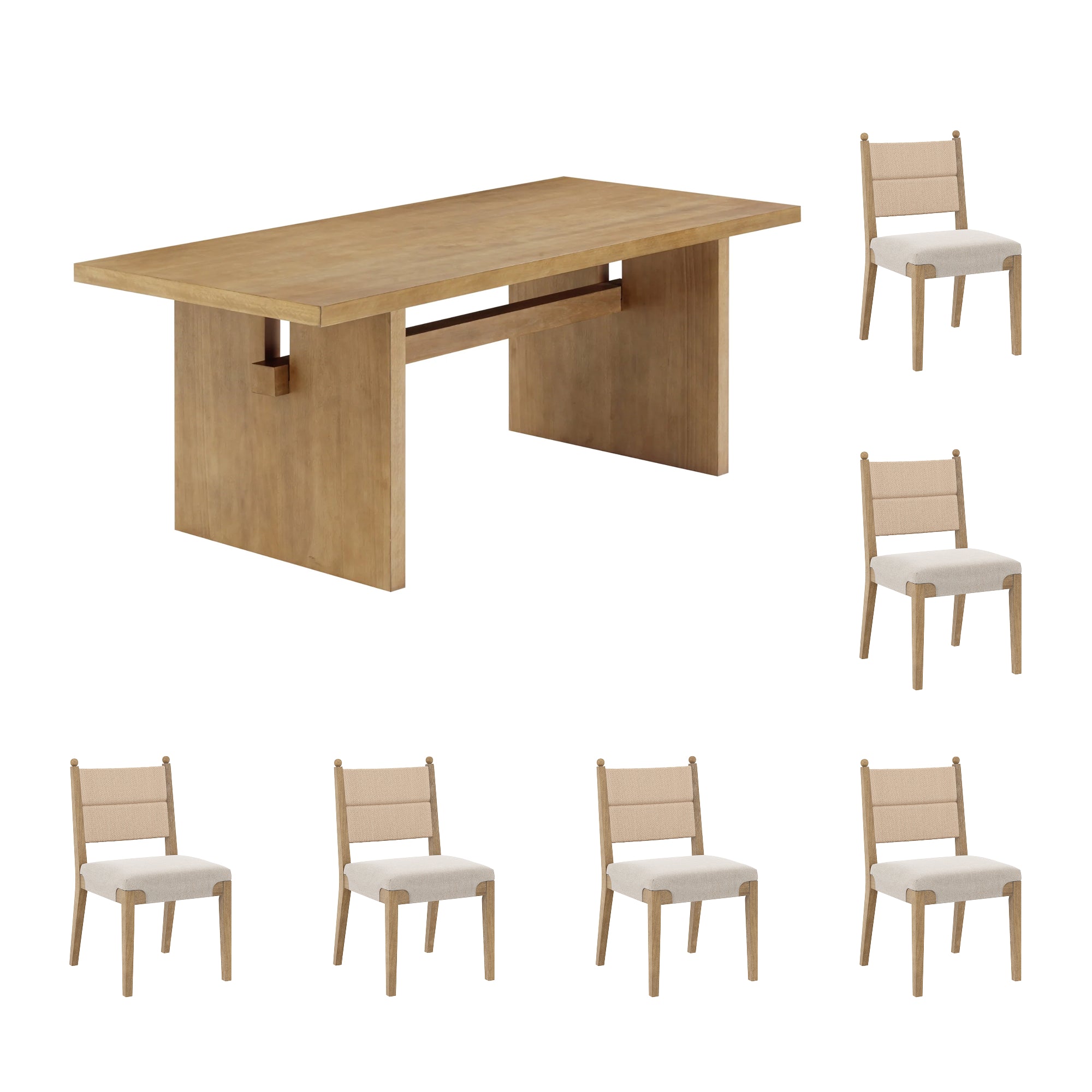A wooden dining table with a rectangular top and six matching chairs, each with a light wood frame and a padded beige seat, arranged around the table.
