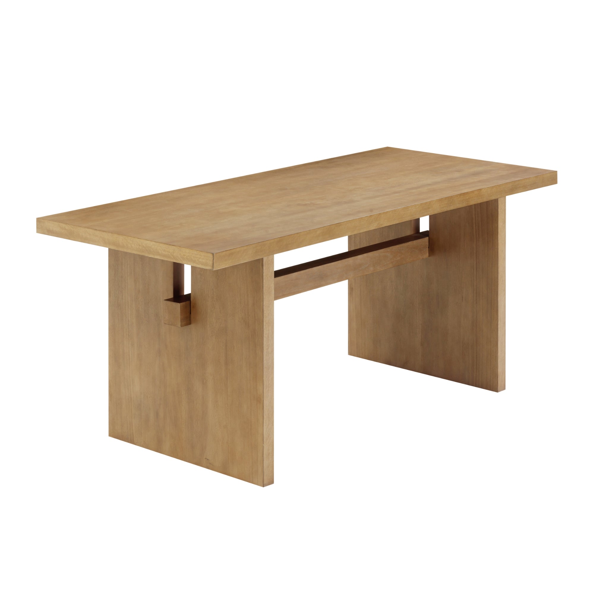 Rectangular wooden table with a flat top, solid thick legs, and a minimalist design. The legs are wide slabs, and there is a horizontal support bar connecting them near the base.