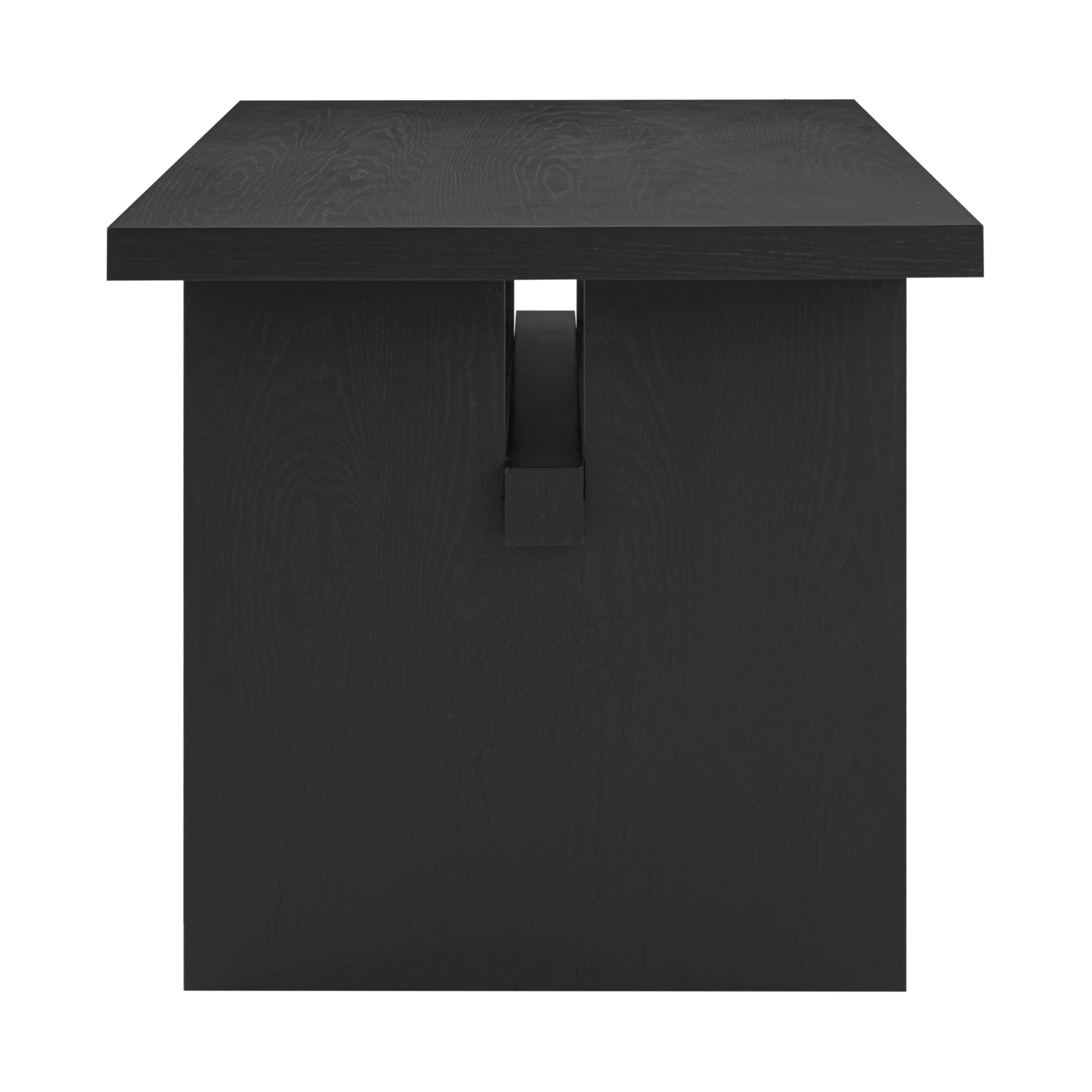 Front view of a modern, square, black wooden table with a minimalist design and a central vertical support featuring a rectangular cutout near the top.