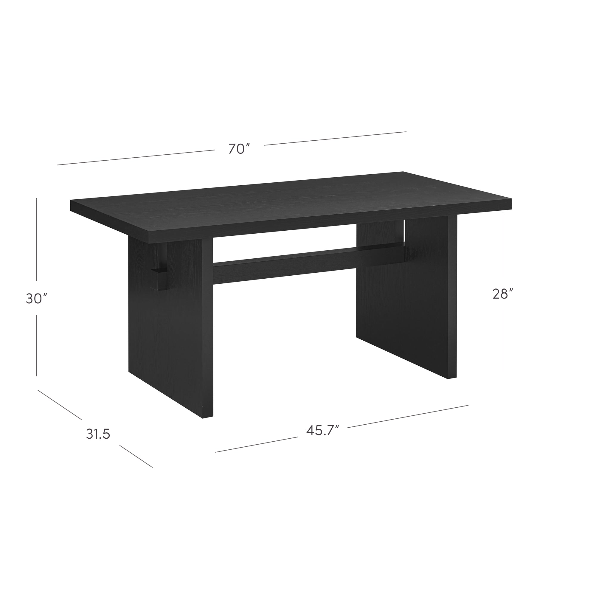 A black rectangular table with thick legs and crossbar support. Dimensions are 70 inches long, 31.5 inches deep, 30 inches high, and leg width is 45.7 inches by 28 inches.
