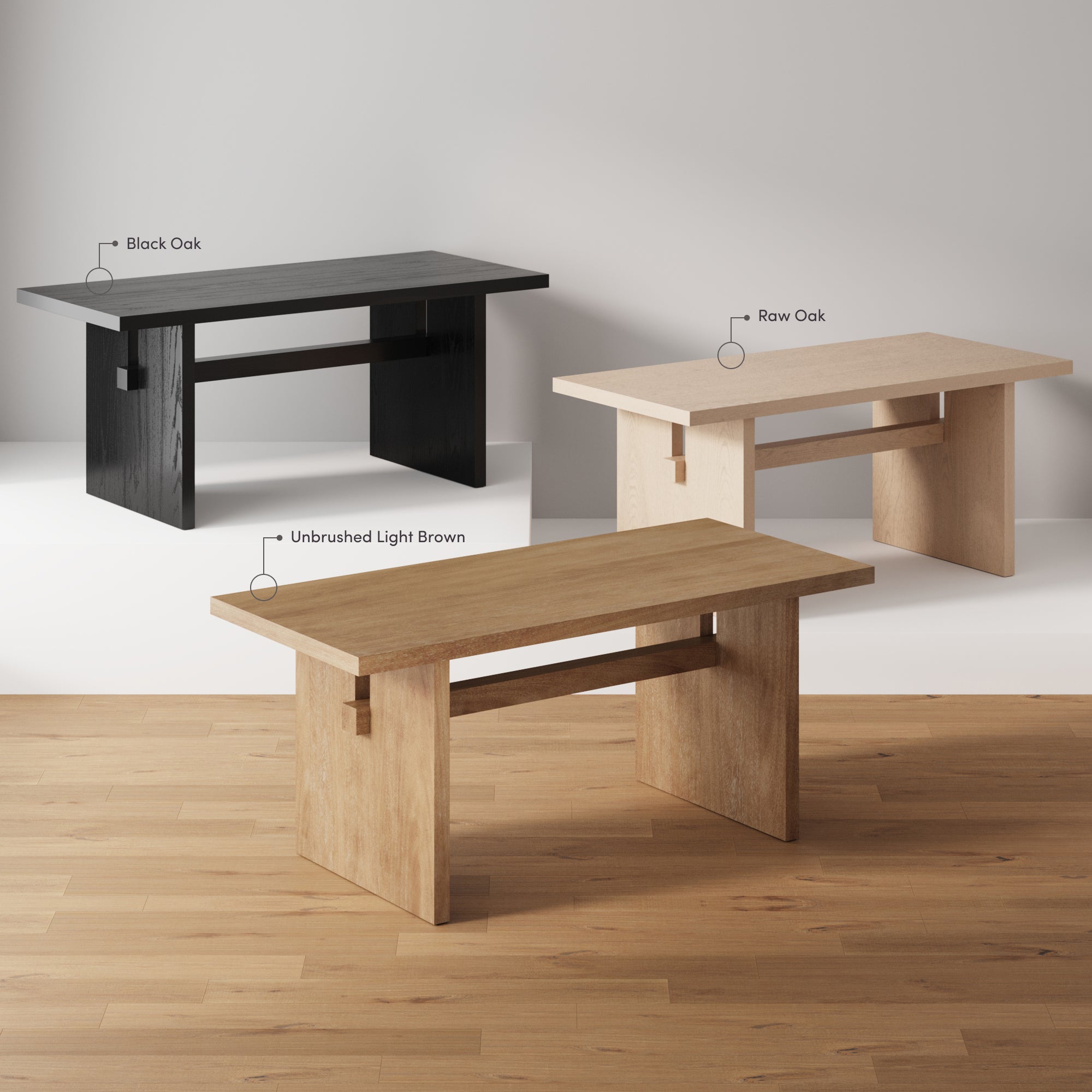 Three wooden benches in different finishes—black oak, raw oak, and unbrushed light brown—are displayed on a light wood floor against a neutral background, each labeled with its respective color.
