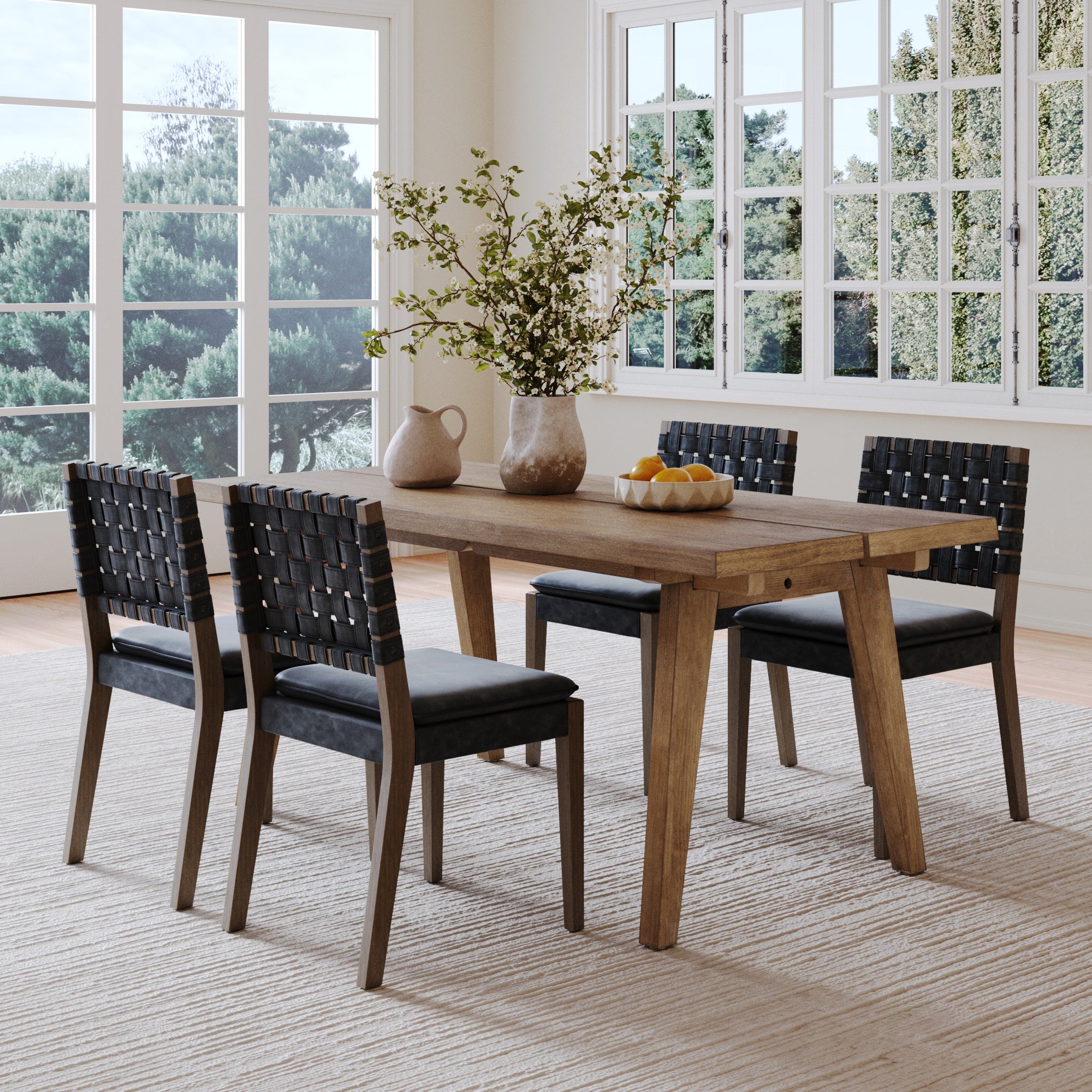 Mid Century Faux Leather 4 Chairs Dining Set Black