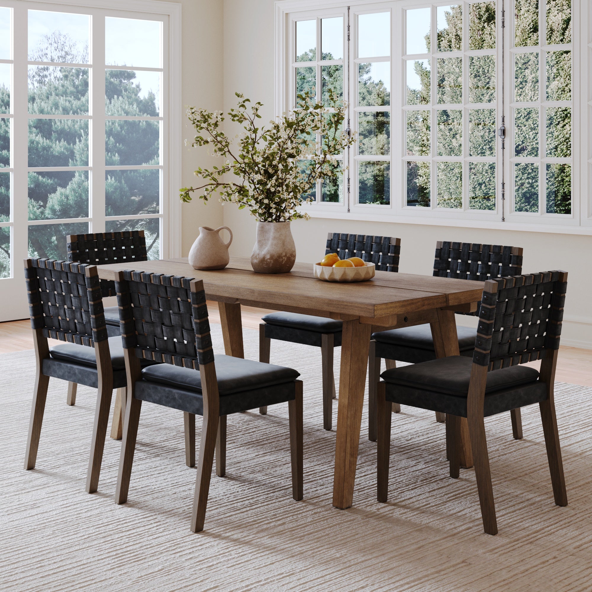 Mid Century Faux Leather 6 Chairs Dining Set Black