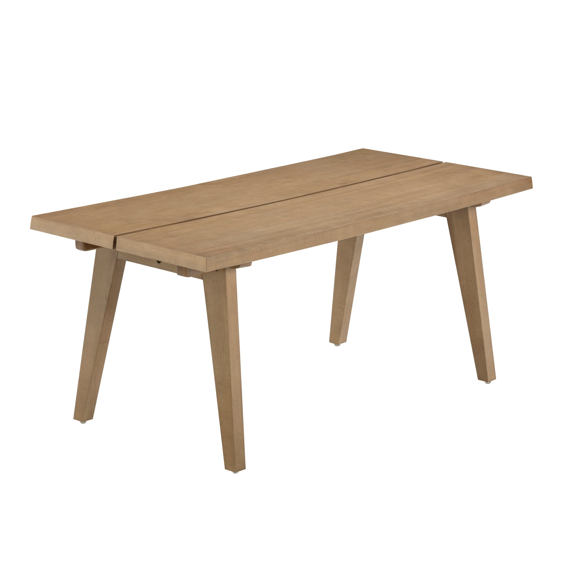 A rectangular wooden table with angled legs and a natural finish, featuring a simple, modern design with a visible center gap on the tabletop.