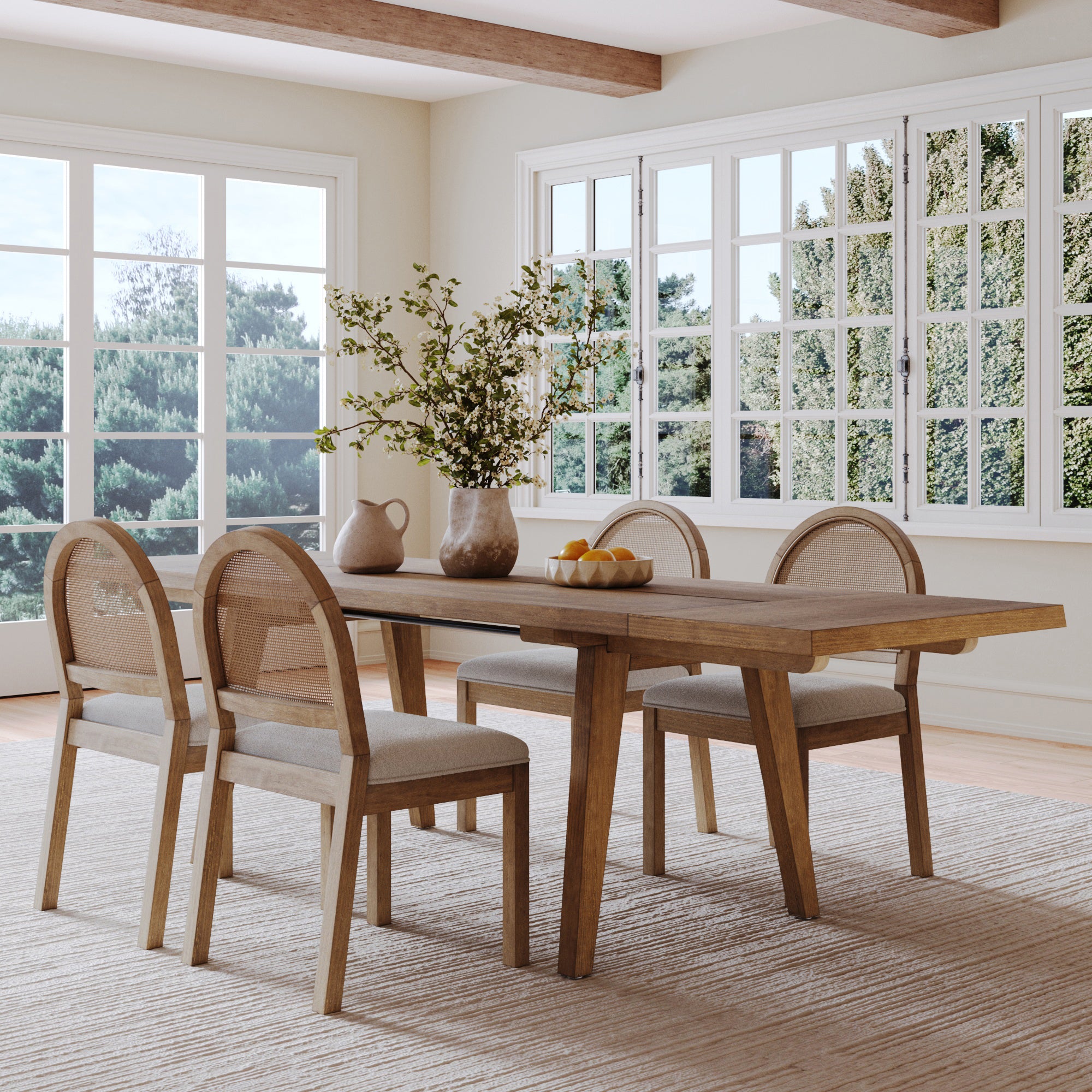 Extendable Dining Table with Rattan Chairs Set of 4