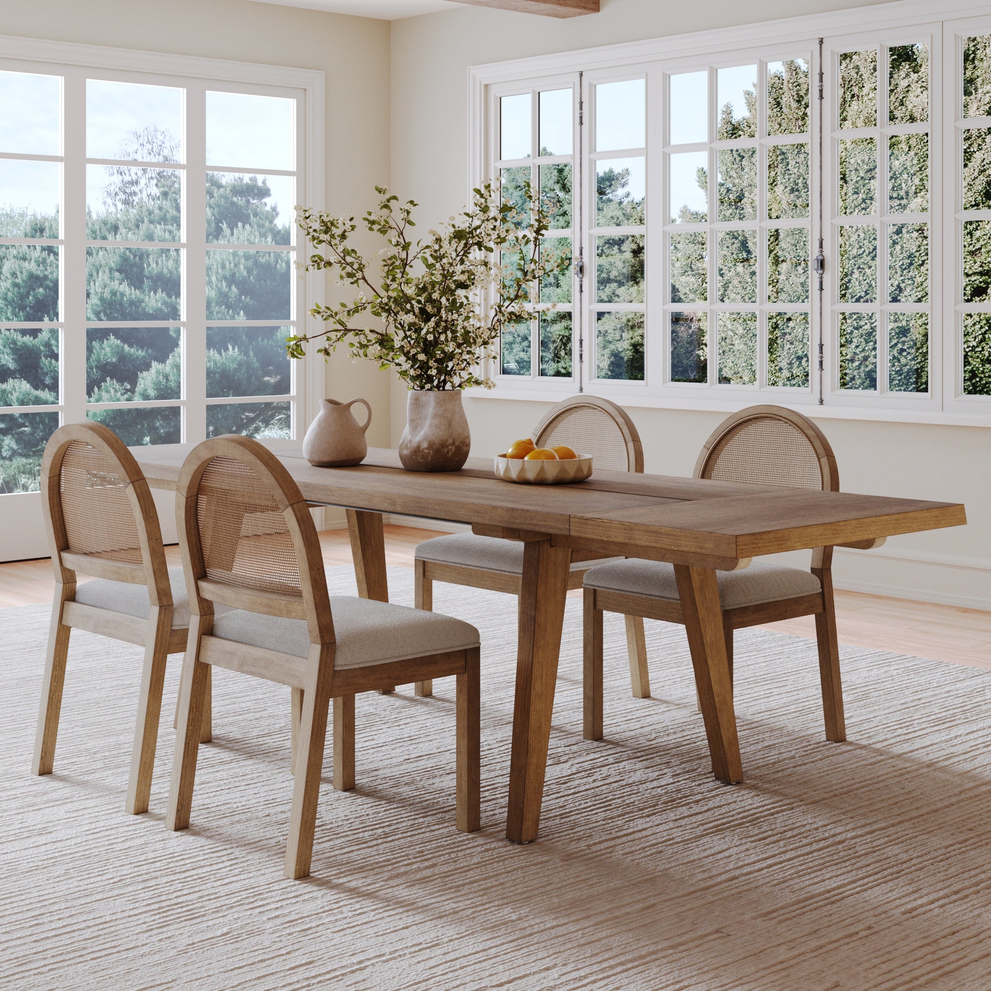 Extendable Dining Table with Rattan Chairs Set of 4