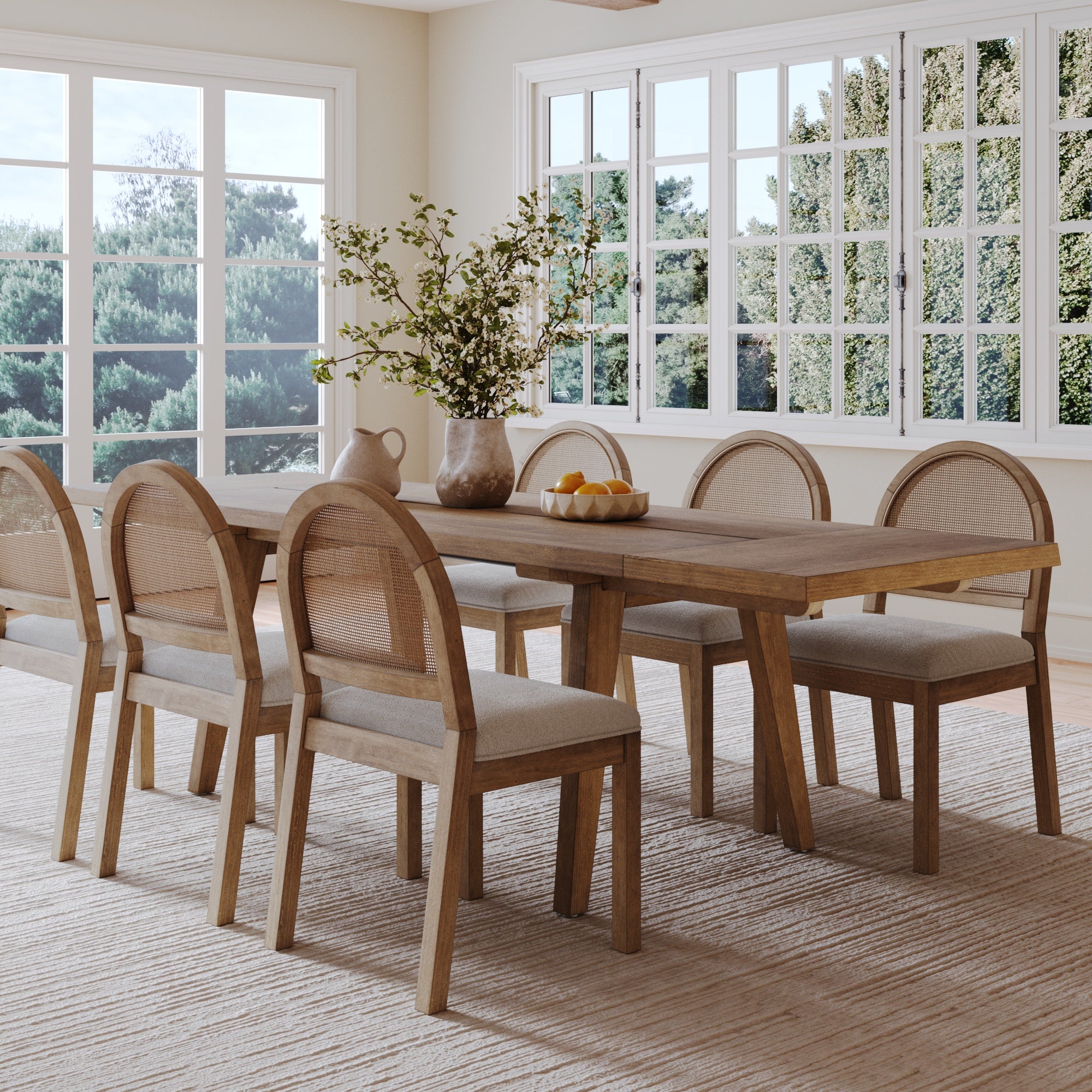 Extendable Dining Table with Rattan Chairs Set of 6