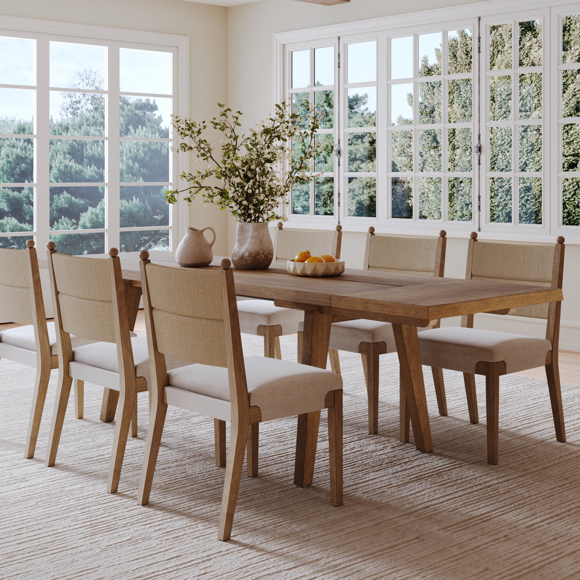 Extendable Dining Table with Seagrass Chairs Set of 6