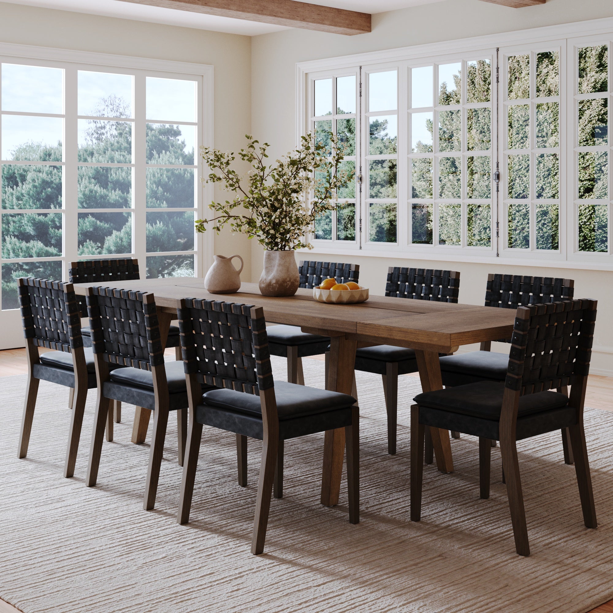 Extendable Dining Set with Black Dining Chairs Set of 8