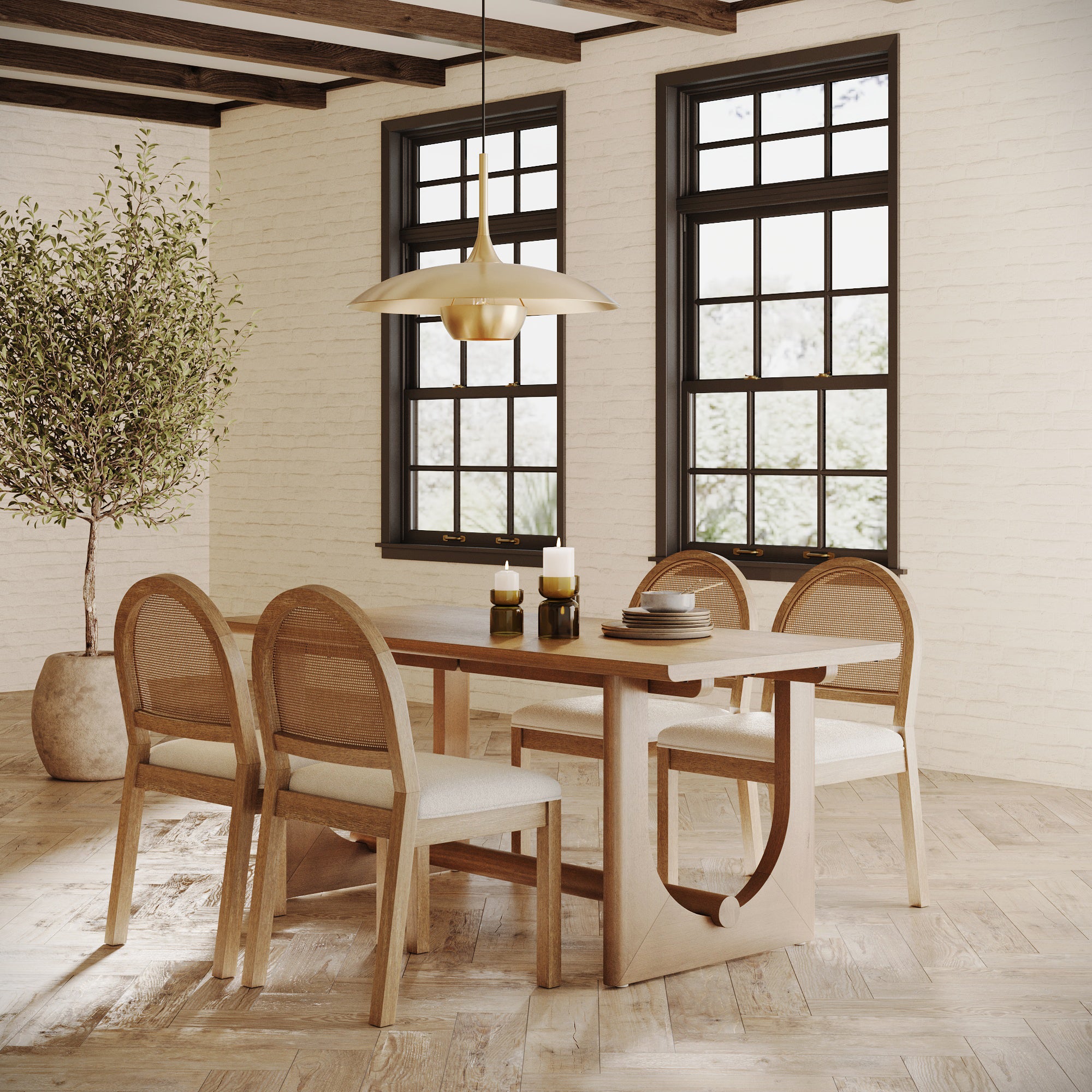 Dining Table Set for 4 with Rattan Dining Chairs Boucle/Light Brown