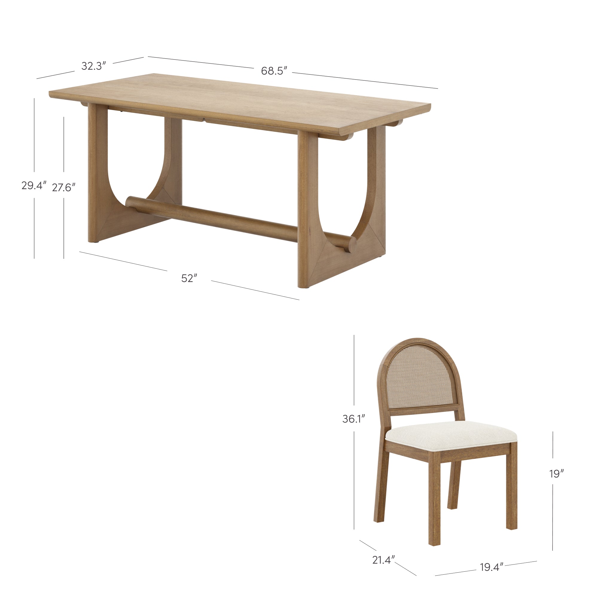 A wooden dining table with dimensions labeled: 68.5 long, 32.3 wide, 29.4/27.6 high, and 52 between bases. Next to it, a matching chair is labeled: 36.1 high, 21.4 deep, and 19.4 wide.