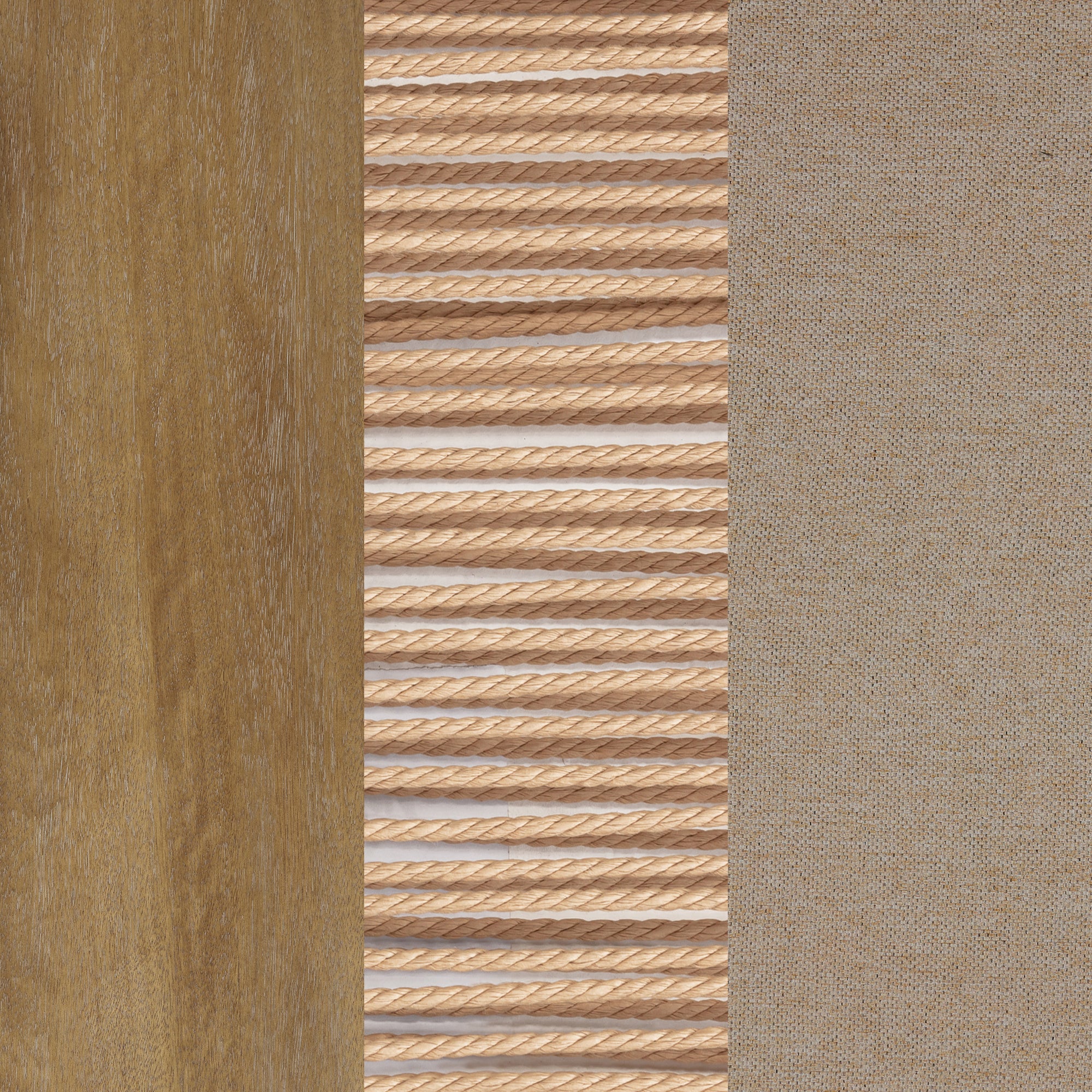 A close-up image showing three textures: wood grain on the left, evenly spaced horizontal wooden slats in the middle, and a beige woven fabric surface on the right.
