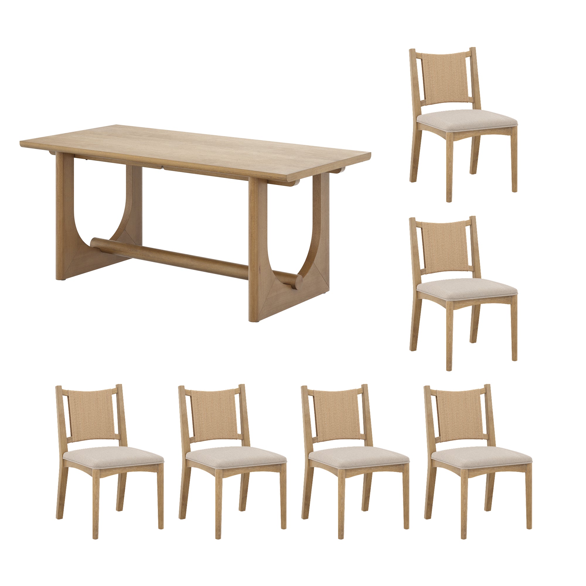 A light wood dining table with a rectangular top and six matching wooden chairs featuring light-colored cushioned seats, all arranged on a white background.