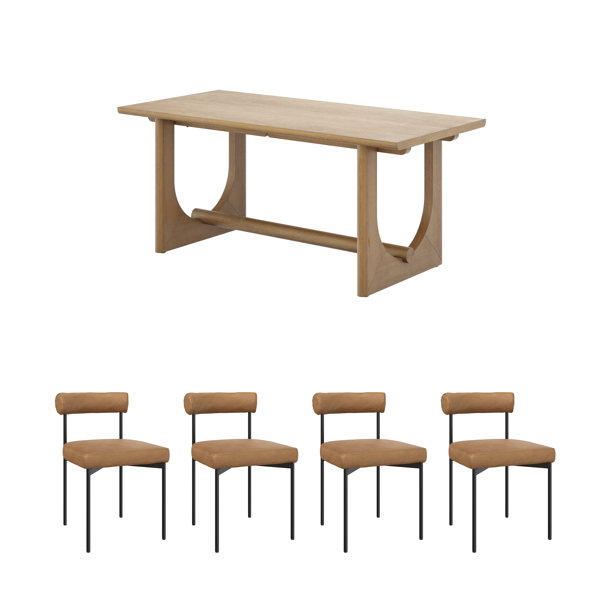 A rectangular light wood dining table with four tan leather chairs featuring cylindrical headrests and black metal legs, arranged in a row below the table.