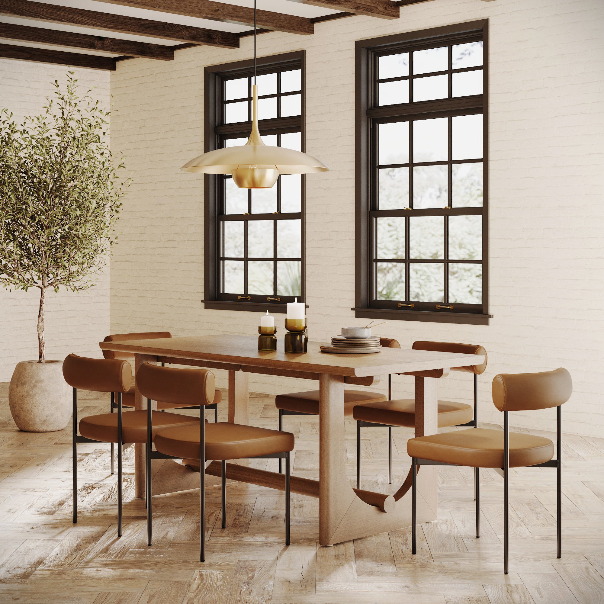 Dining Room Set for 6 with Faux Leather Dining Chairs, Light Brown