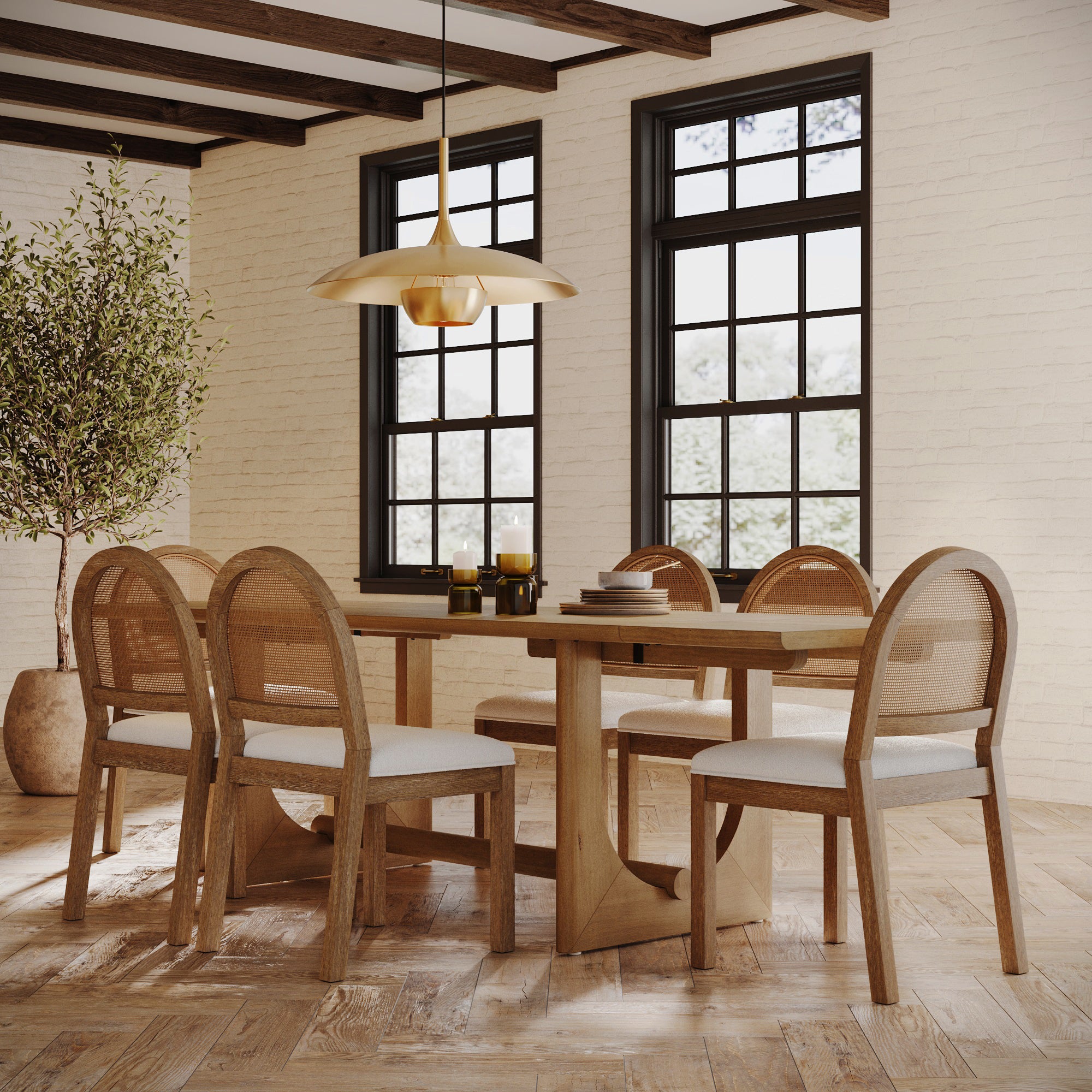 Extendable Dining Table Set with 6 Rattan Chairs