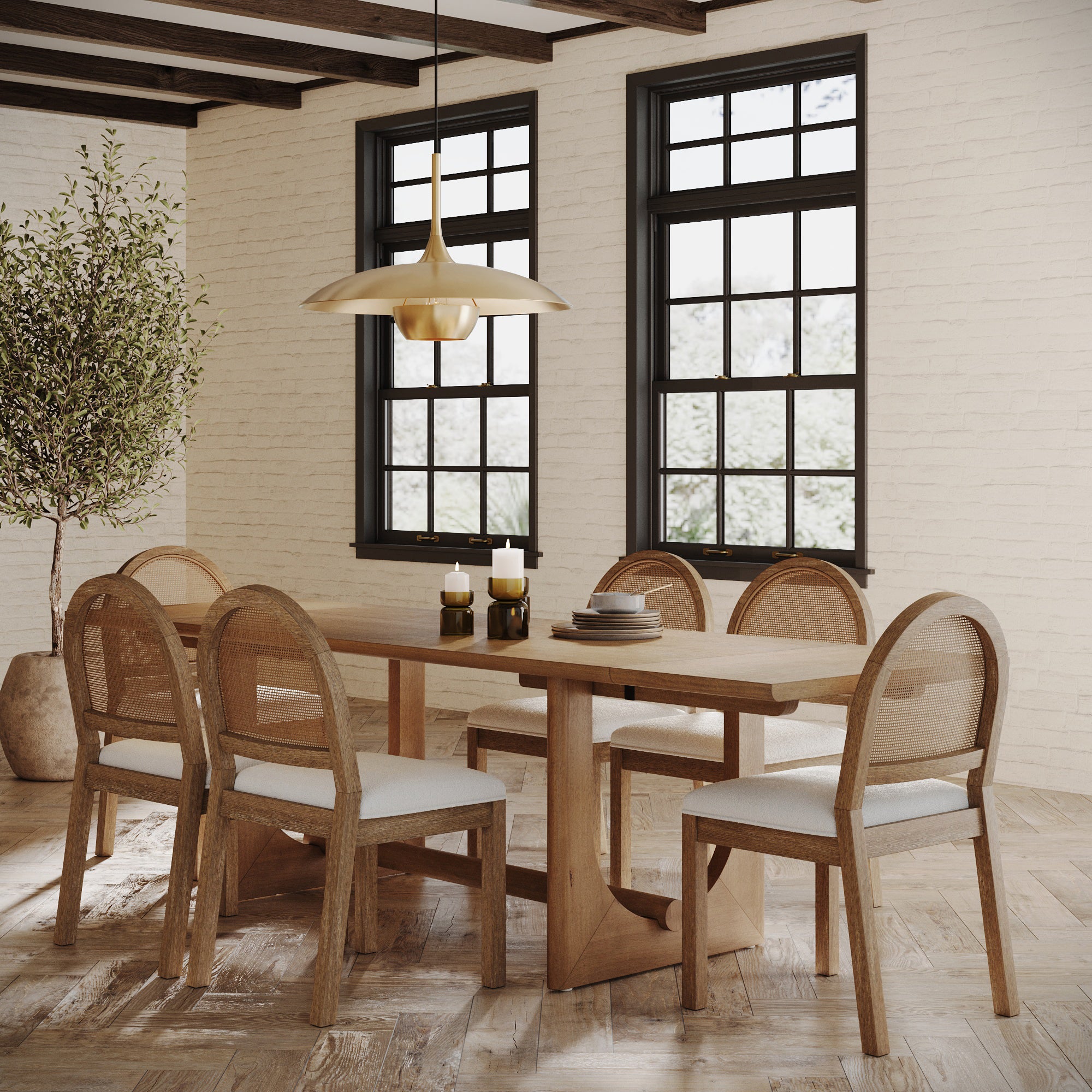 Extendable Mid-Century Rattan Dining Table Set (6 Chairs)