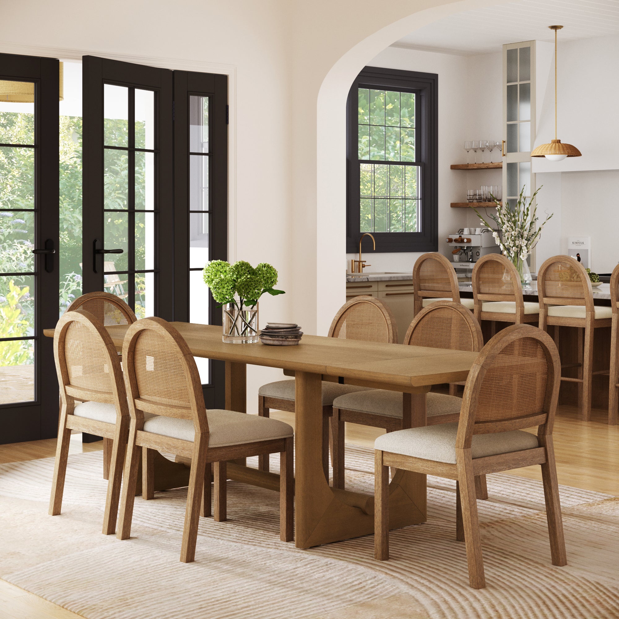 Extendable Mid-Century Rattan Dining Table Set (6 Chairs)