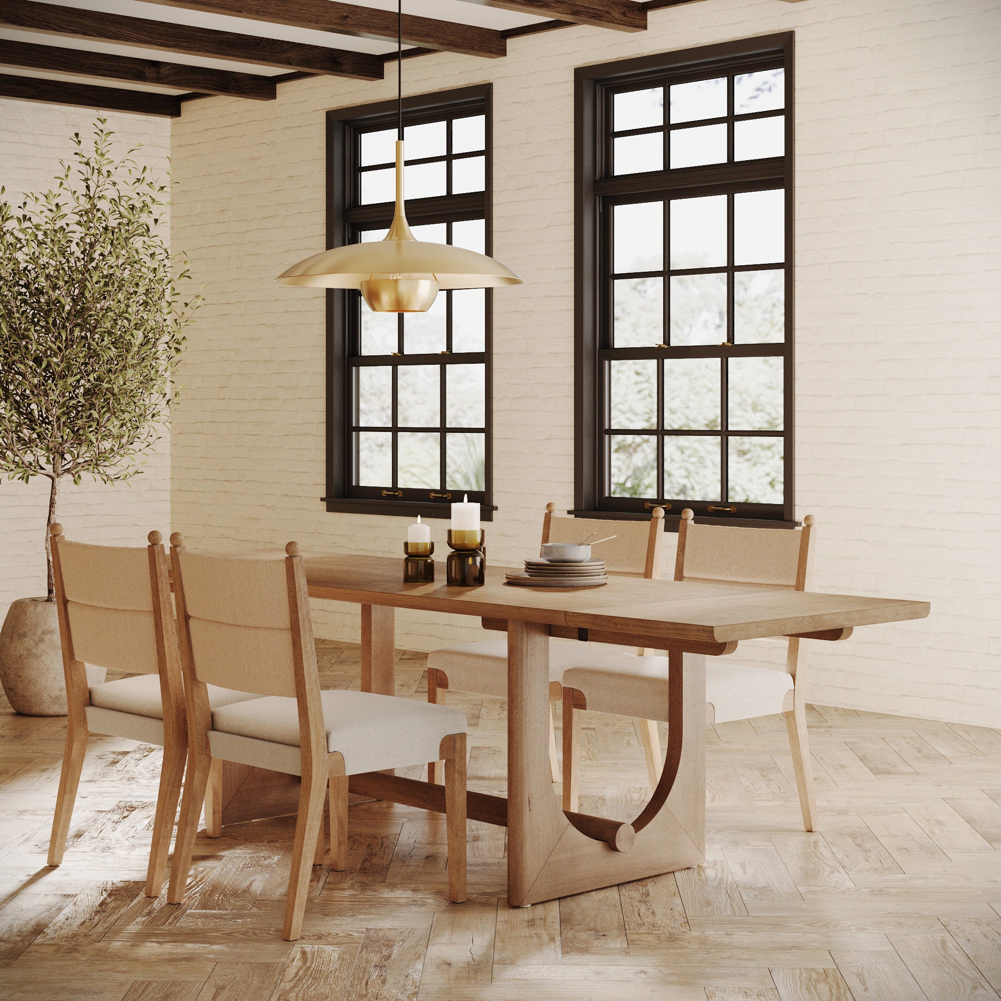 Extendable Mid-Century Seagrass Dining Table Set (4 Chairs)