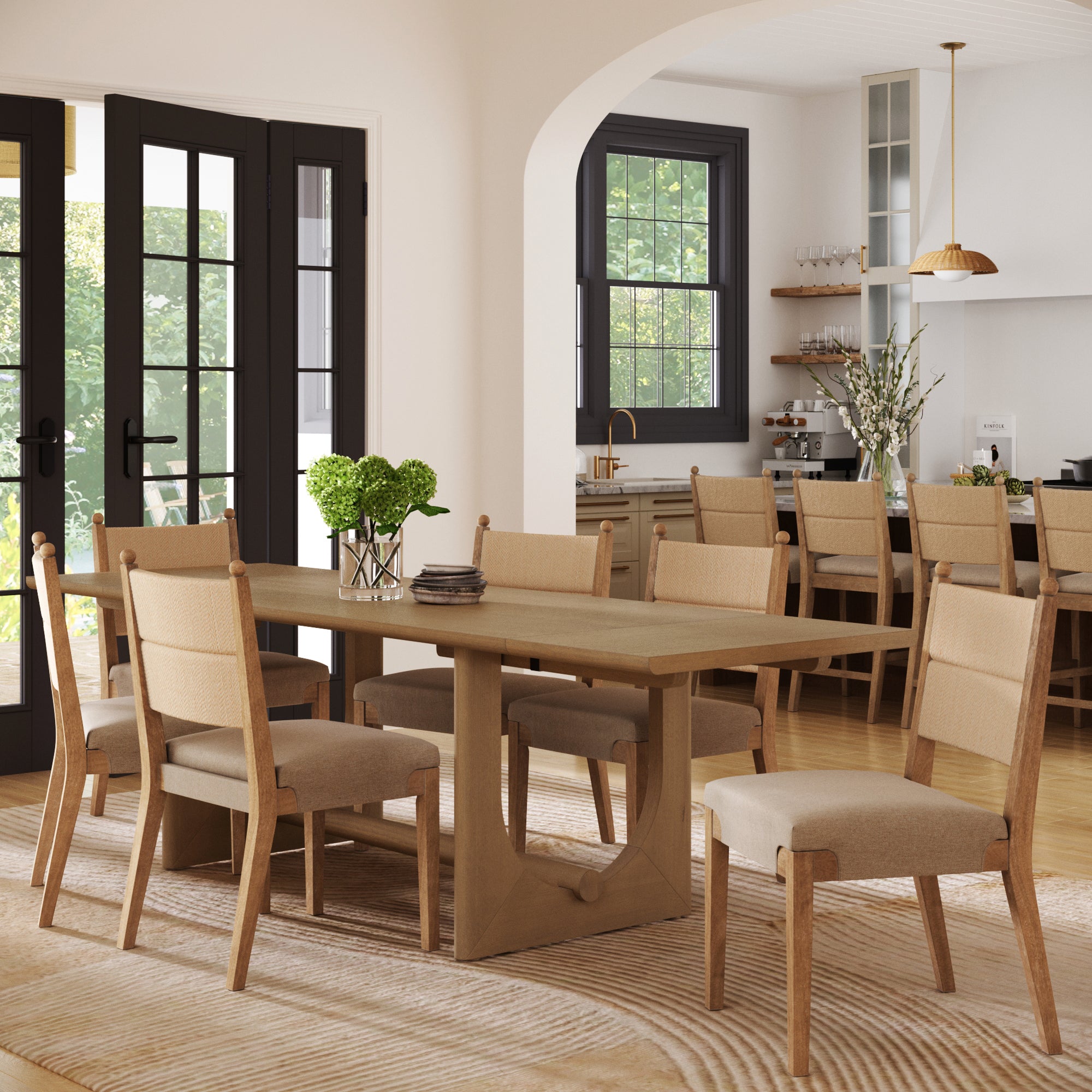 Extendable Mid-Century Seagrass Dining Table Set (6 Chairs)