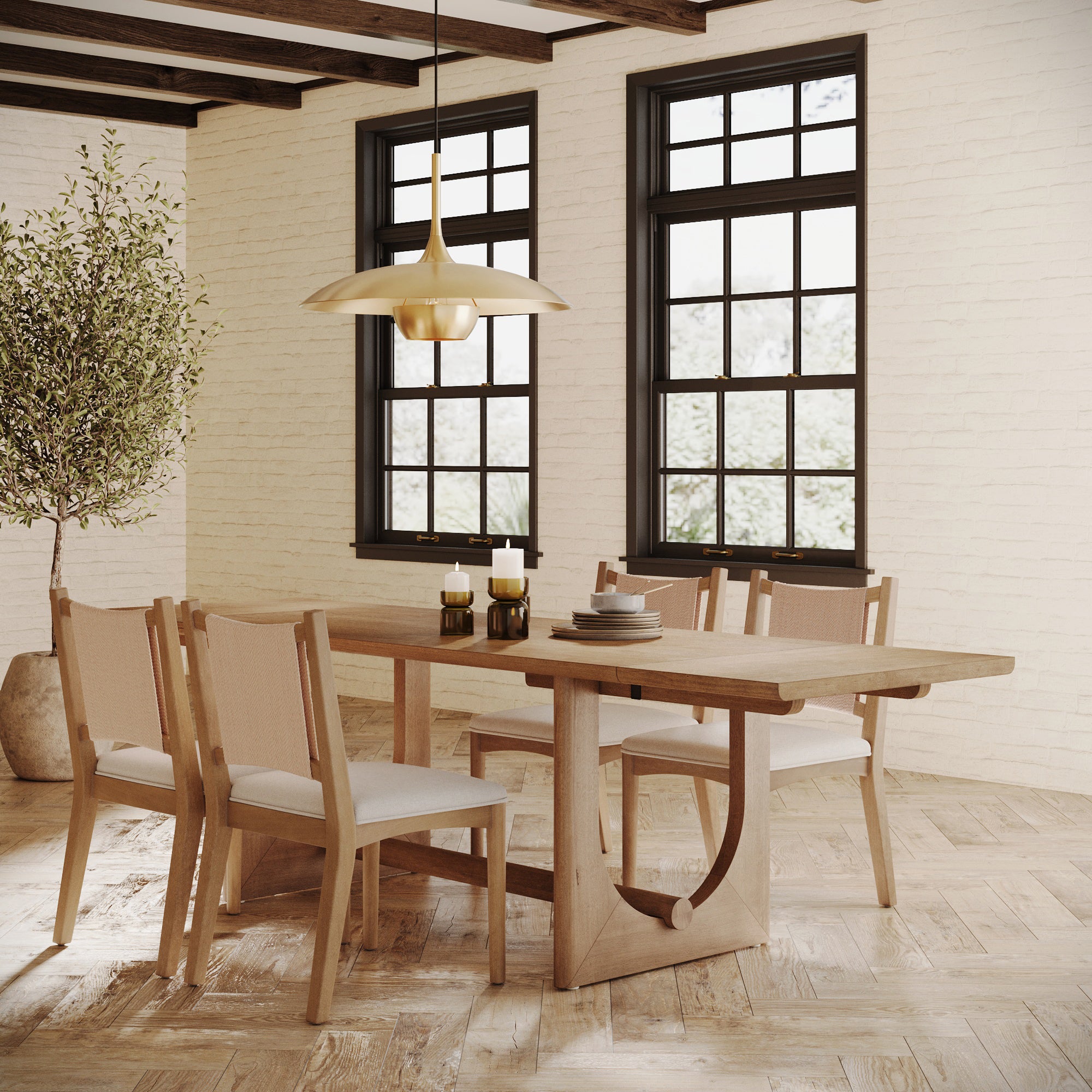 Extendable Mid-Century Seagrass Dining Table Set (4 Chairs)