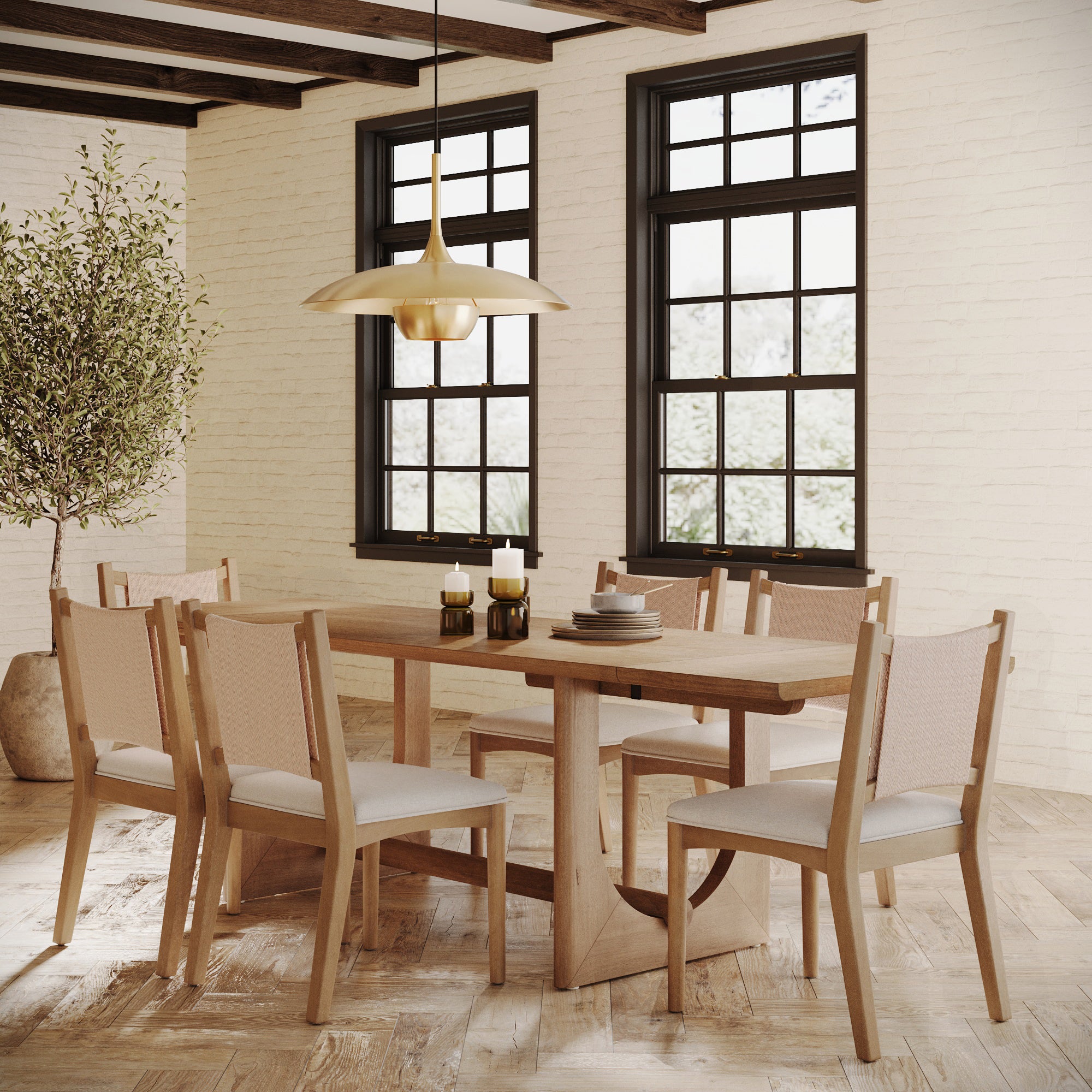 Extendable Mid-Century Flax Dining Table Set (6 Chairs)