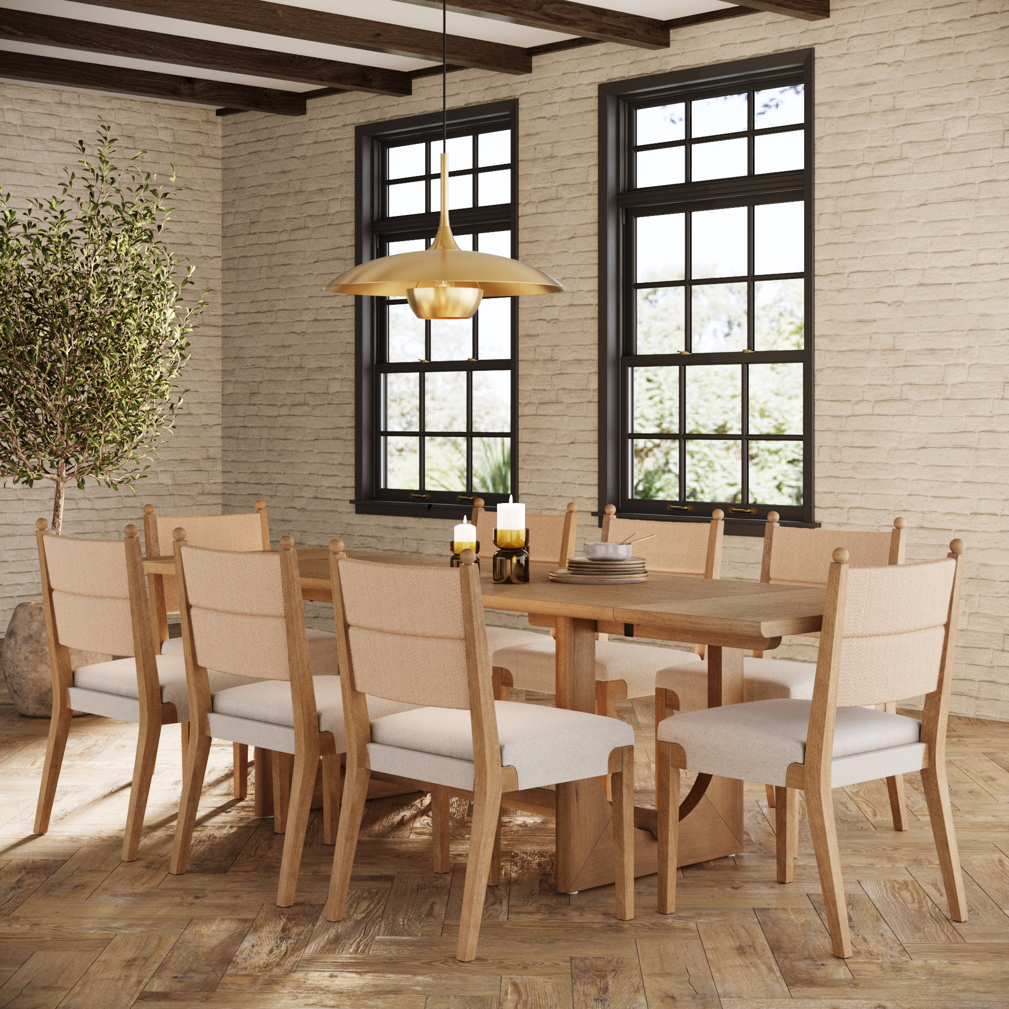 Extendable Mid-Century Seagrass Dining Table Set (8 Chairs)