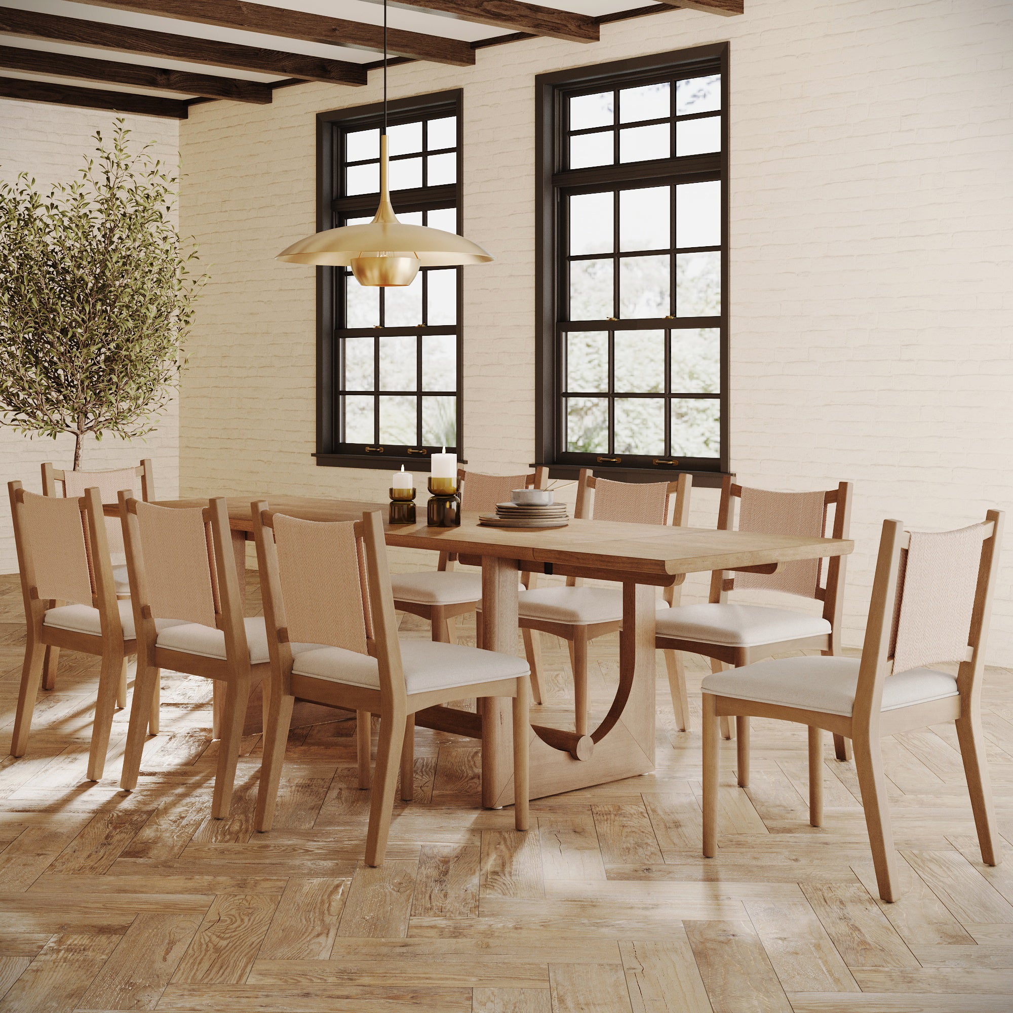 Extendable Dining Table Set with 8 Flax Upholstered Chairs
