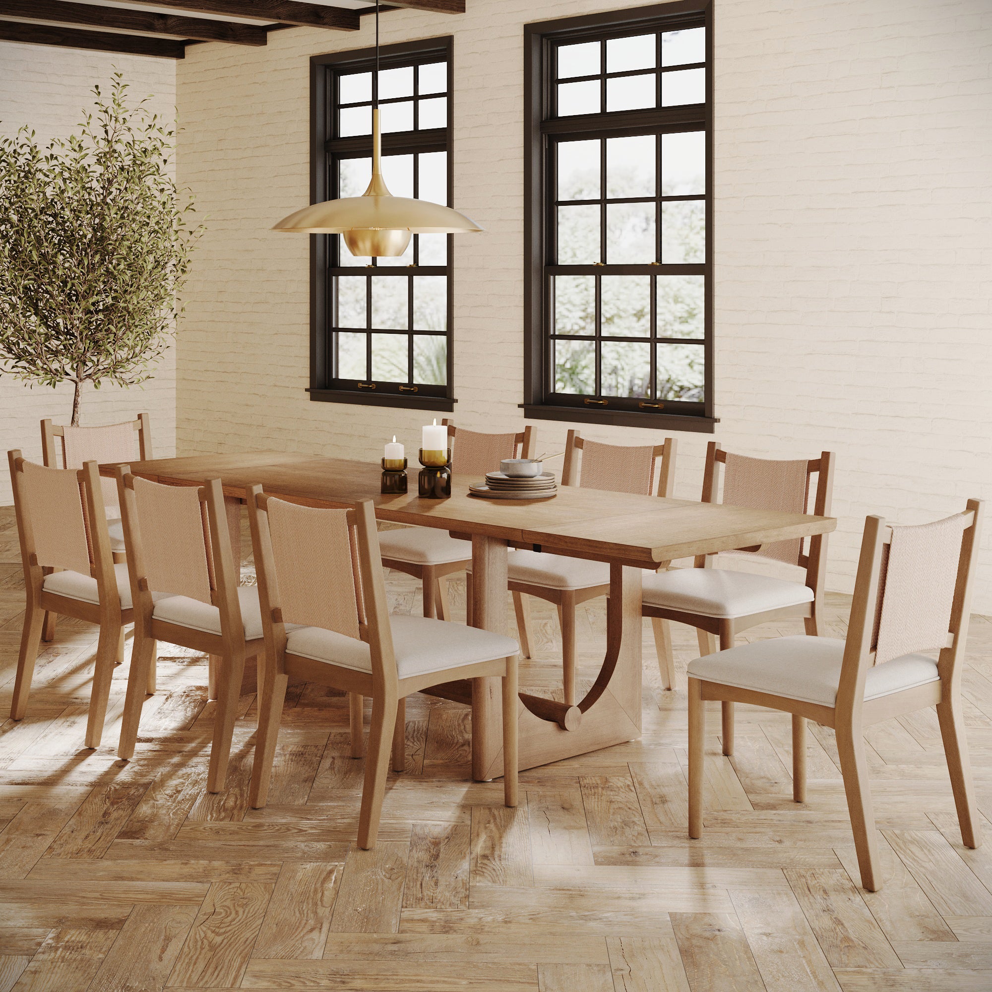 Extendable Mid-Century Flax Dining Table Set (8 Chairs)
