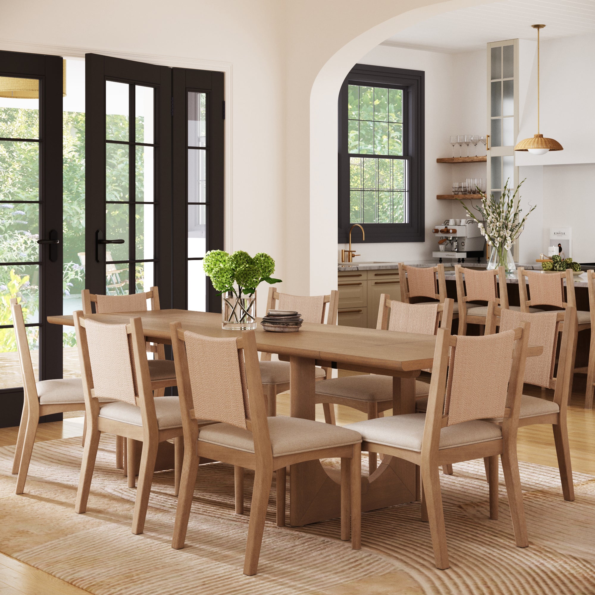 Extendable Mid-Century Flax Dining Table Set (8 Chairs)