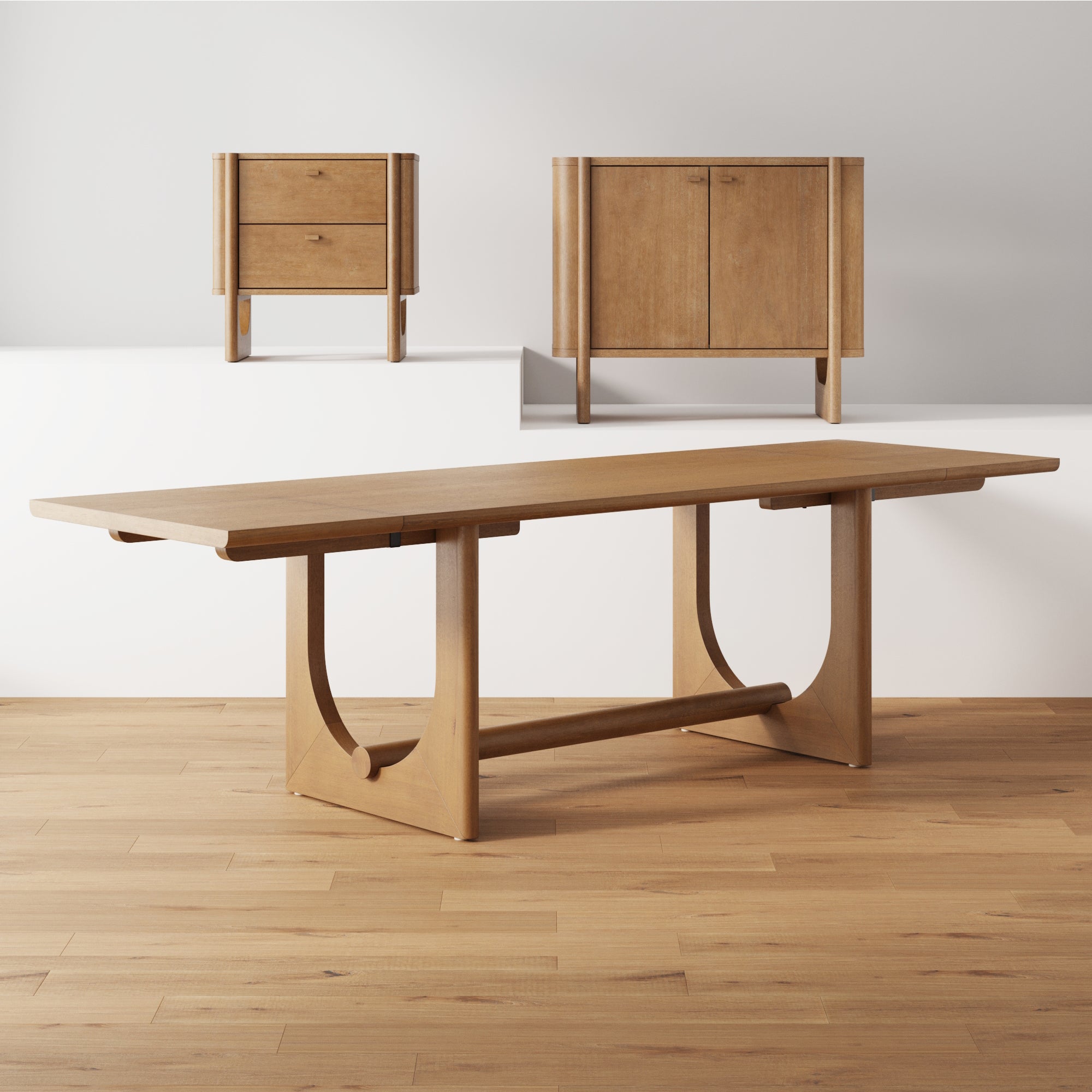 A modern wooden dining table with a geometric base stands on a light wood floor. In the background, two matching wooden cabinets with clean lines are displayed against a white wall.