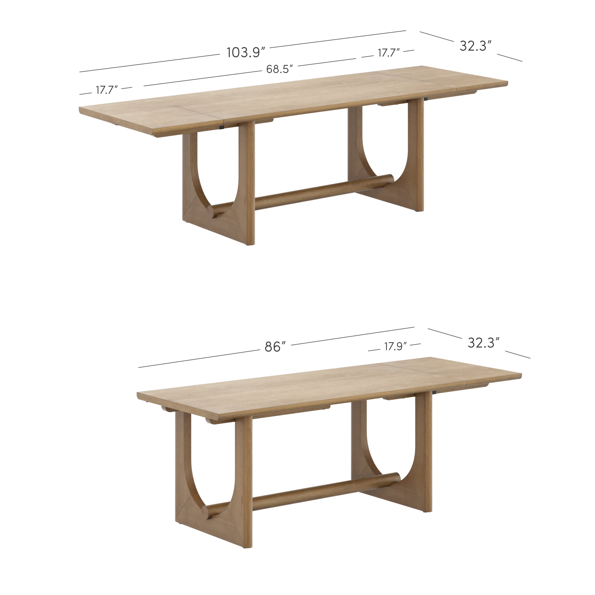 A rectangular wooden dining table with geometric pedestal legs. The table measures 104 long, 32.3 wide at the ends, 29.4 high, and 52 between the bases, with additional measurements labeled on the surface.