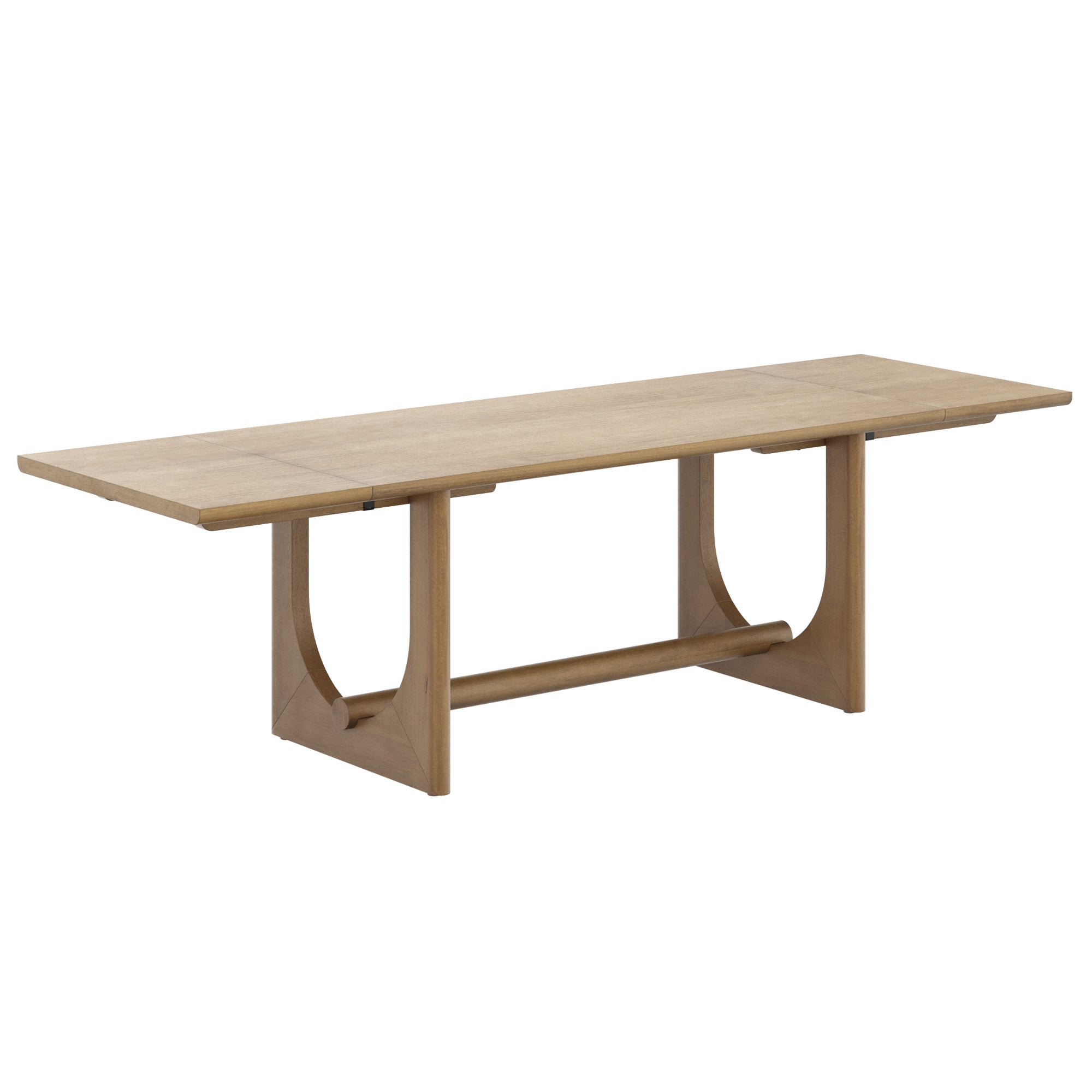 A large, rectangular wooden dining table with a light finish and geometric, modern legs connected by a horizontal support beam. The table has a minimalist design.