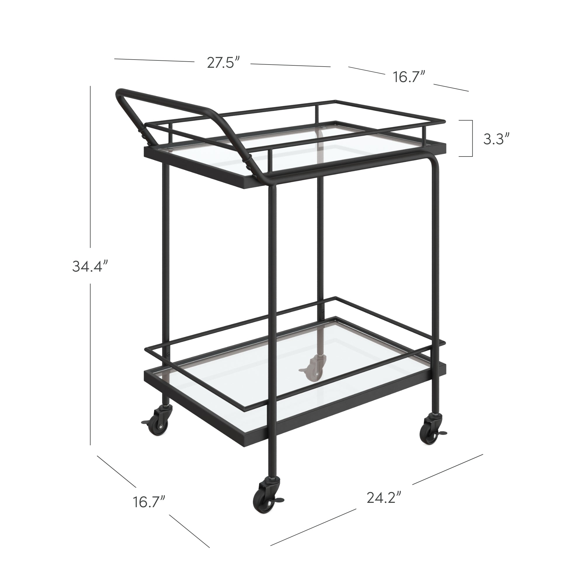 A black metal and glass bar cart with two shelves, side handles, and four wheels. Dimensions are labeled: height 34.4, top shelf 27.5 x 16.7 x 3.3, bottom shelf 24.2 x 16.7.