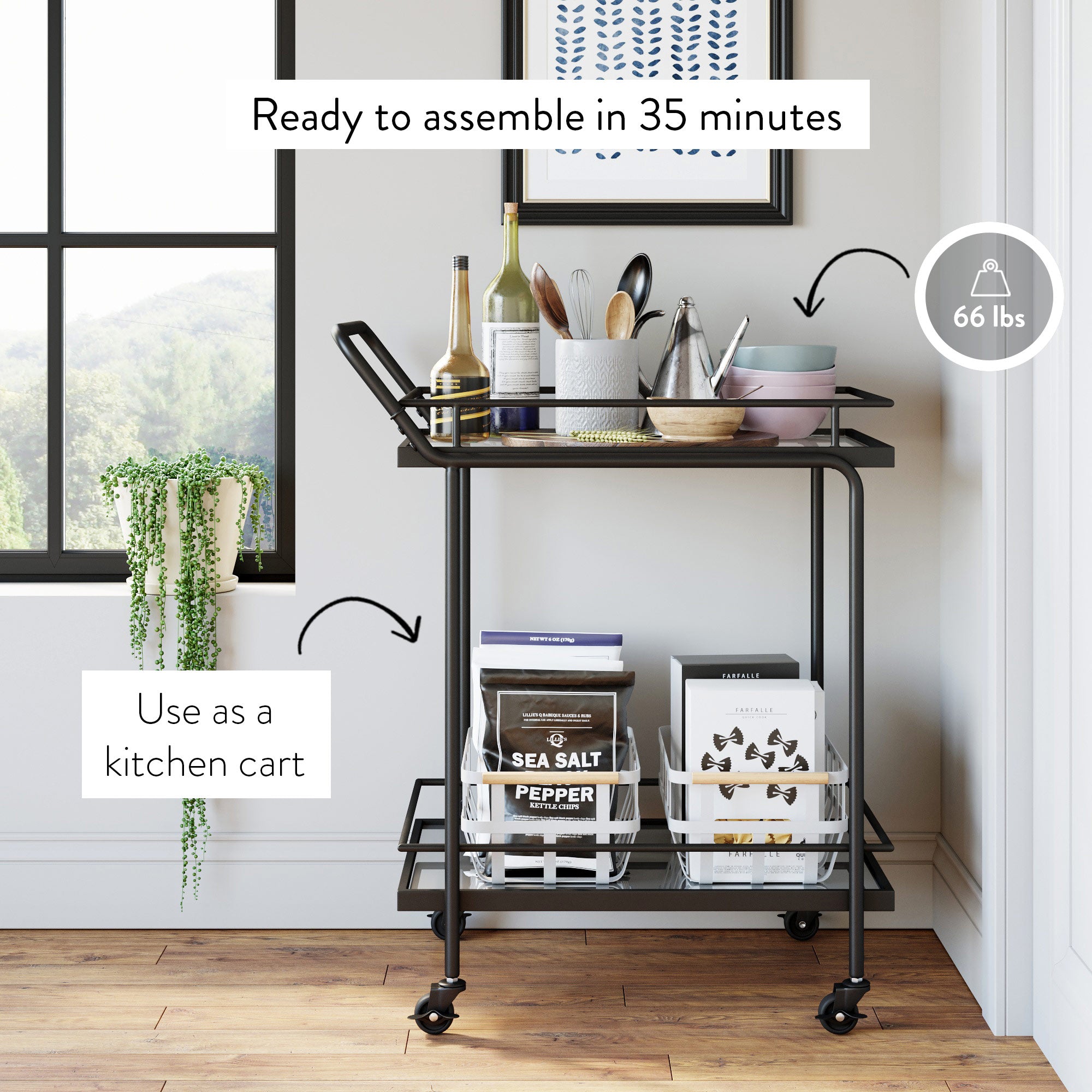A black rolling kitchen cart with two shelves holds dishes, bottles, bowls, and kitchen items. Labels read “Ready to assemble in 35 minutes,” “Use as a kitchen cart,” and “66 lbs.” The cart is by a window and plant.