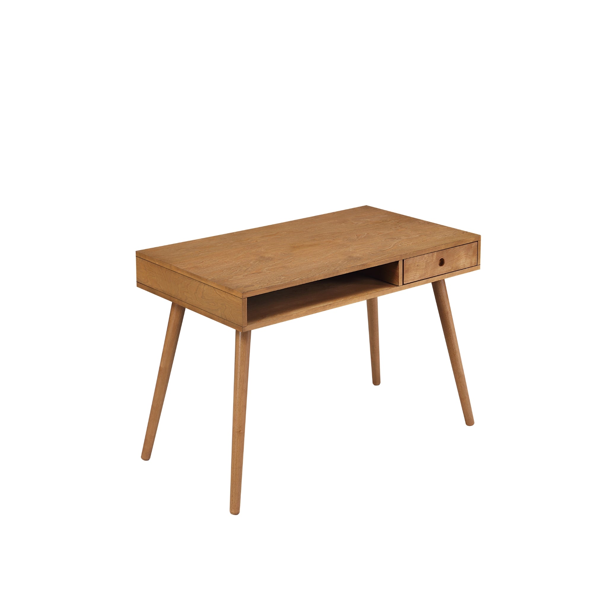 A wooden desk with angled legs, a slim open shelf, and a small drawer on the right side, shown against a plain white background.