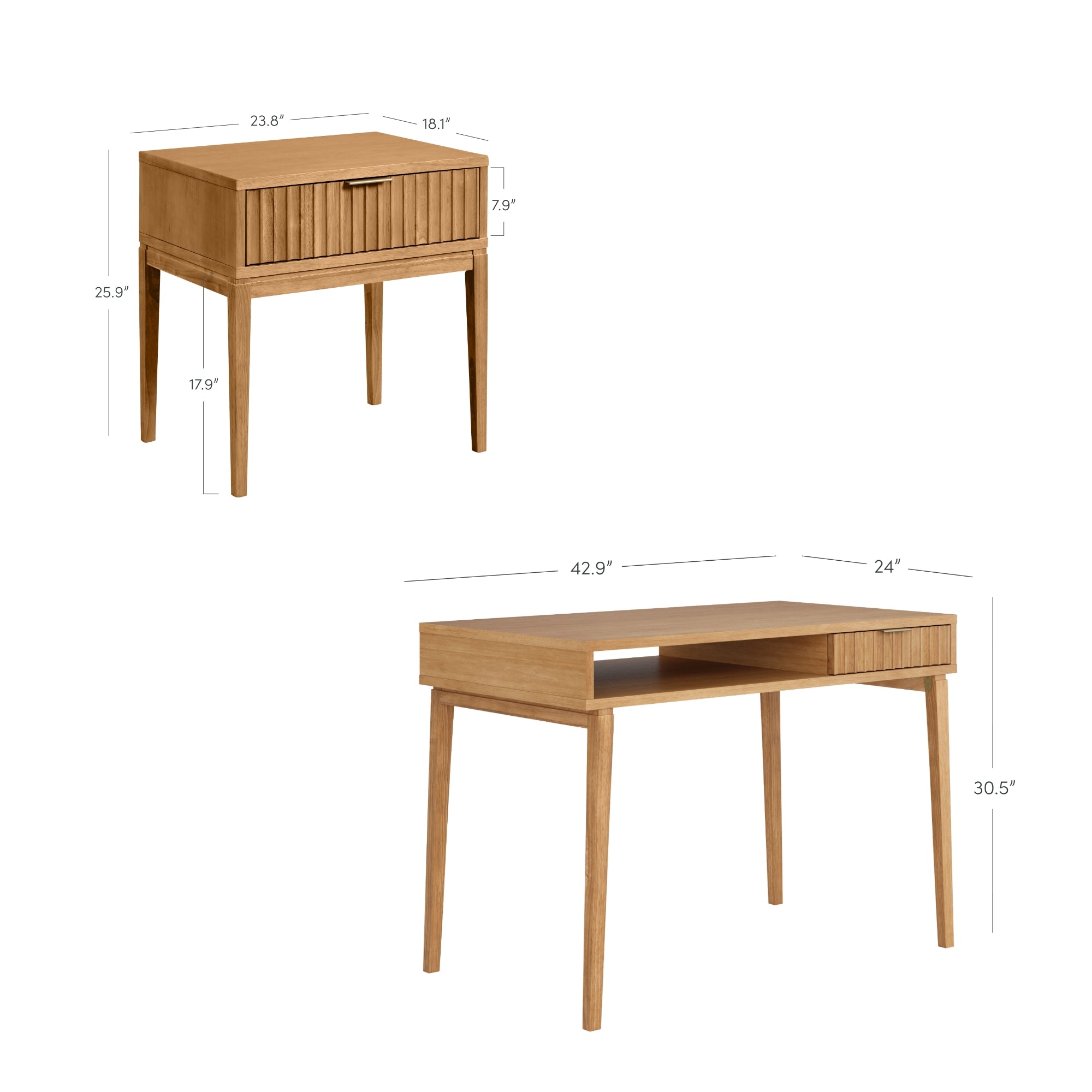 Two wooden furniture pieces: a small side table with textured drawer front, and a larger desk with an open shelf and drawers. Both have straight legs and natural wood finish, with dimensions indicated next to each.