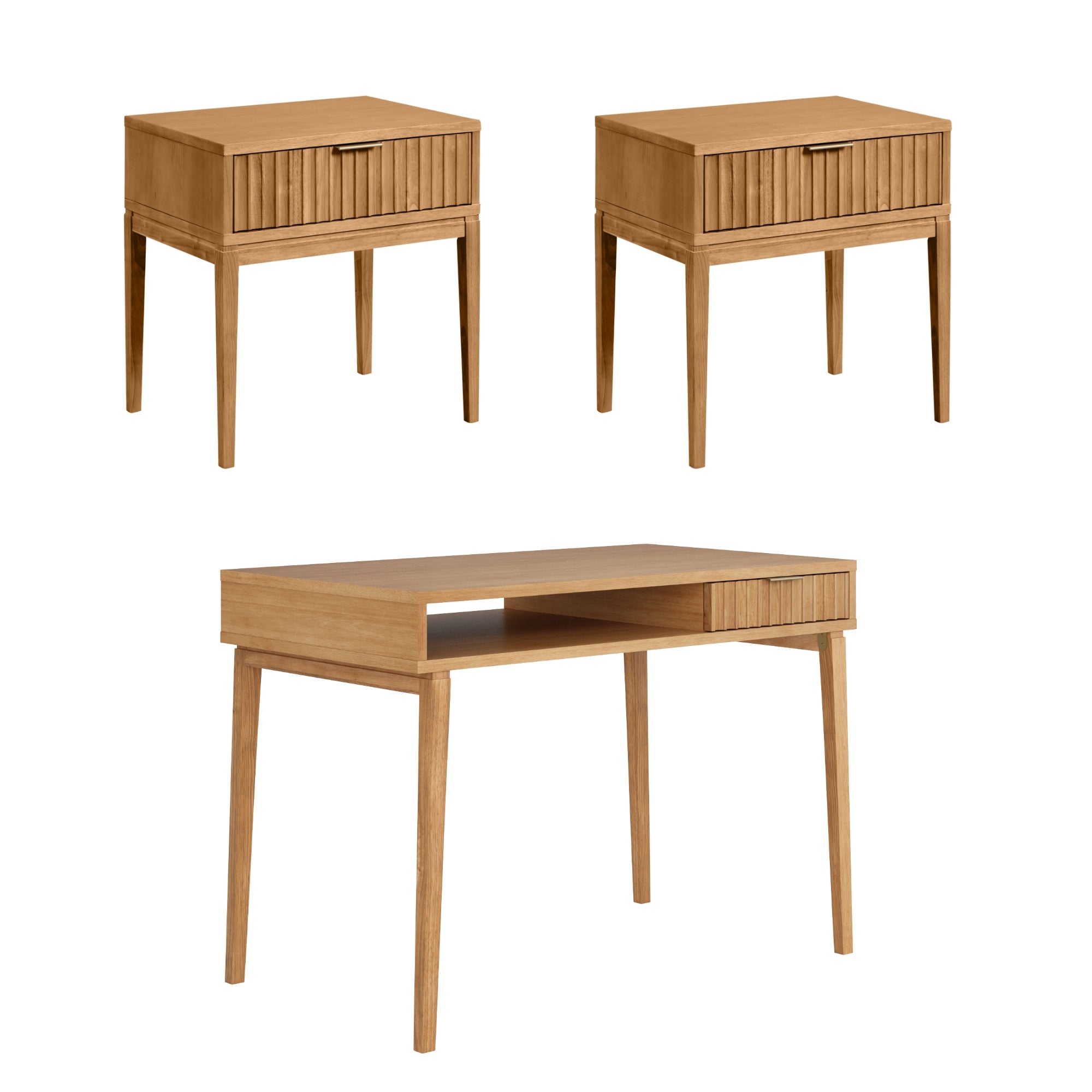 Three matching light wood furniture pieces: two nightstands with single drawers (shown above) and one desk with an open shelf and drawer (shown below), all featuring a minimalist, modern design with tapered legs.