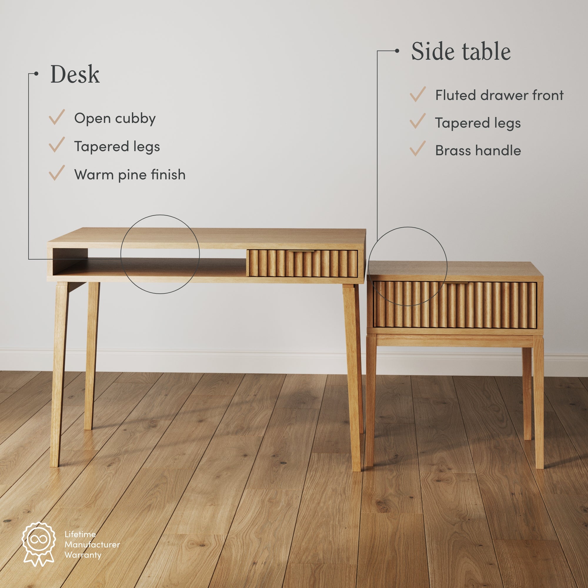 A modern wooden desk with an open cubby and warm pine finish, paired with a side table featuring a fluted drawer front, brass handle, and matching tapered legs, set on a wooden floor against a plain wall.