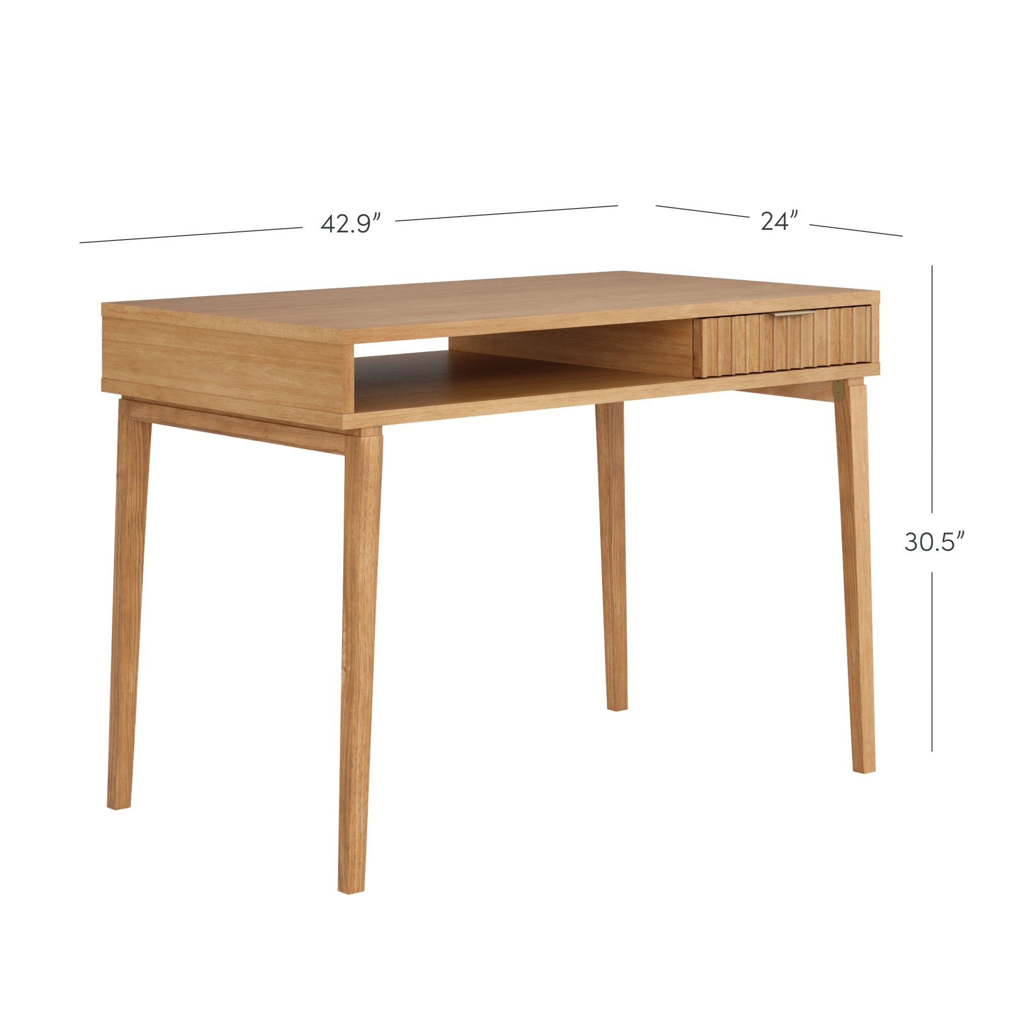 A wooden desk with four angled legs, an open shelf, and a small drawer. The desk measures 42.9 inches wide, 24 inches deep, and 30.5 inches high.