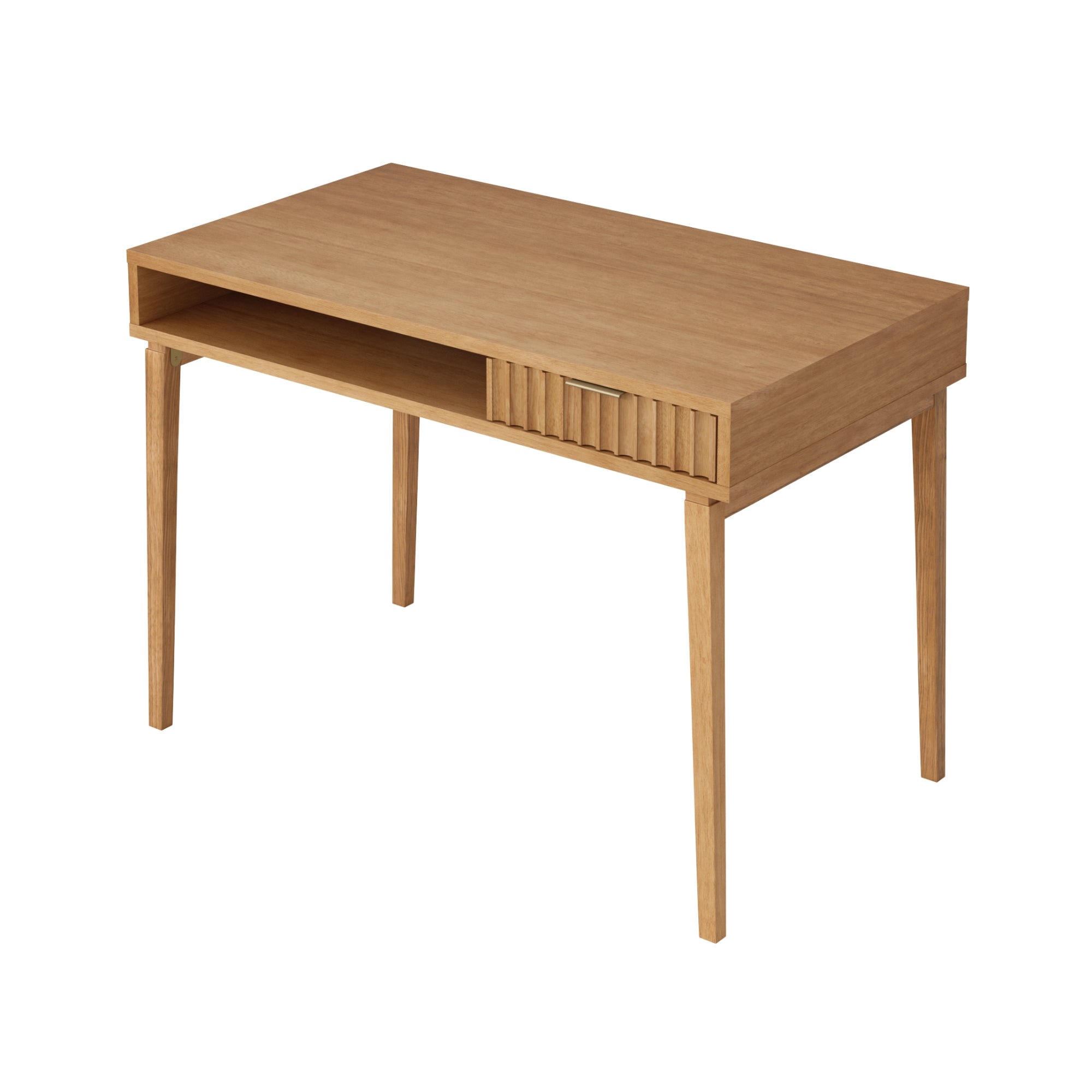 A wooden desk with four tapered legs, an open shelf on the left, and a small drawer with a grooved front and metal handle on the right. The desk has a minimalist, modern design.