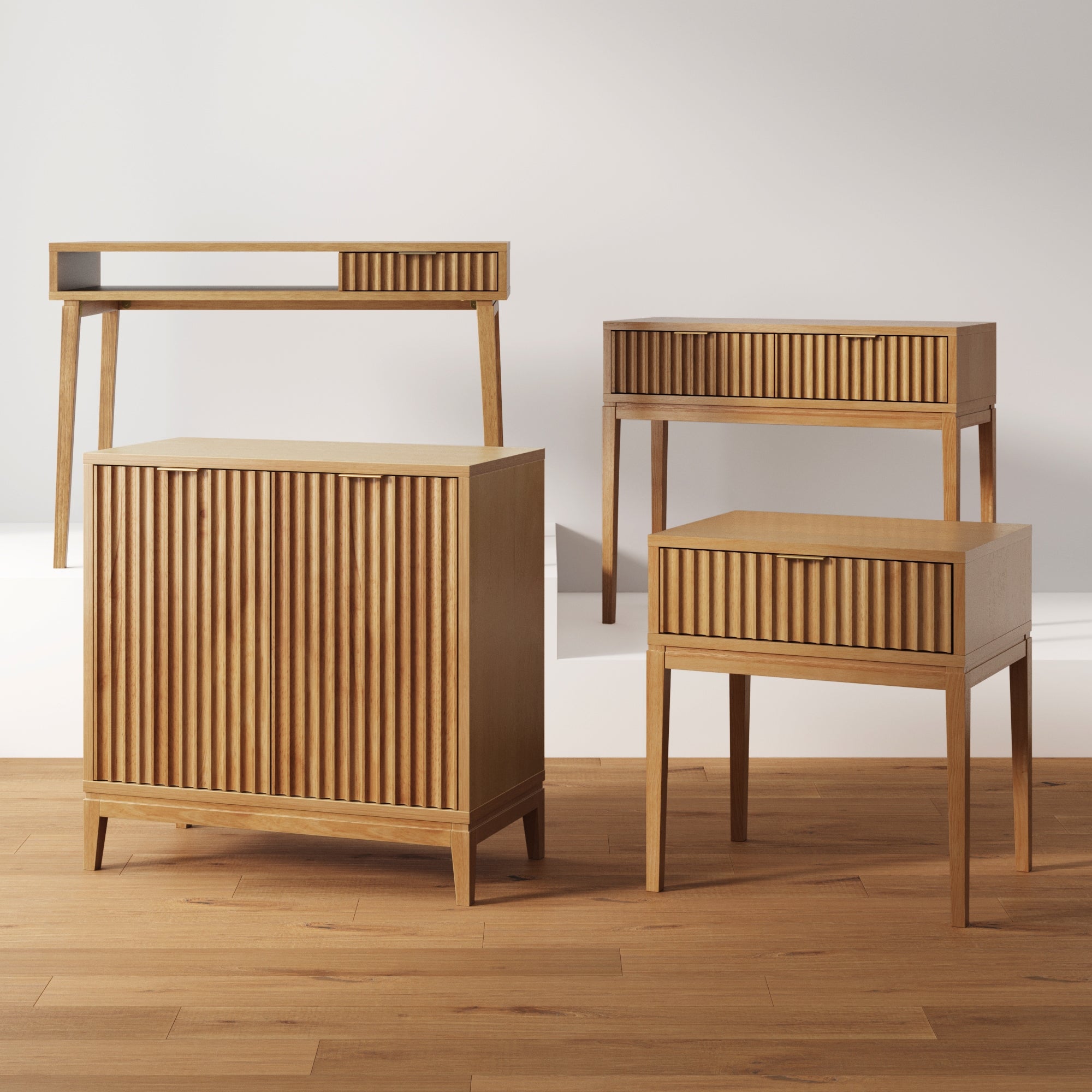 Four wooden furniture pieces with slatted fronts, including a cabinet, two console tables, and a small side table with a drawer, are displayed on a wooden floor against a neutral background.