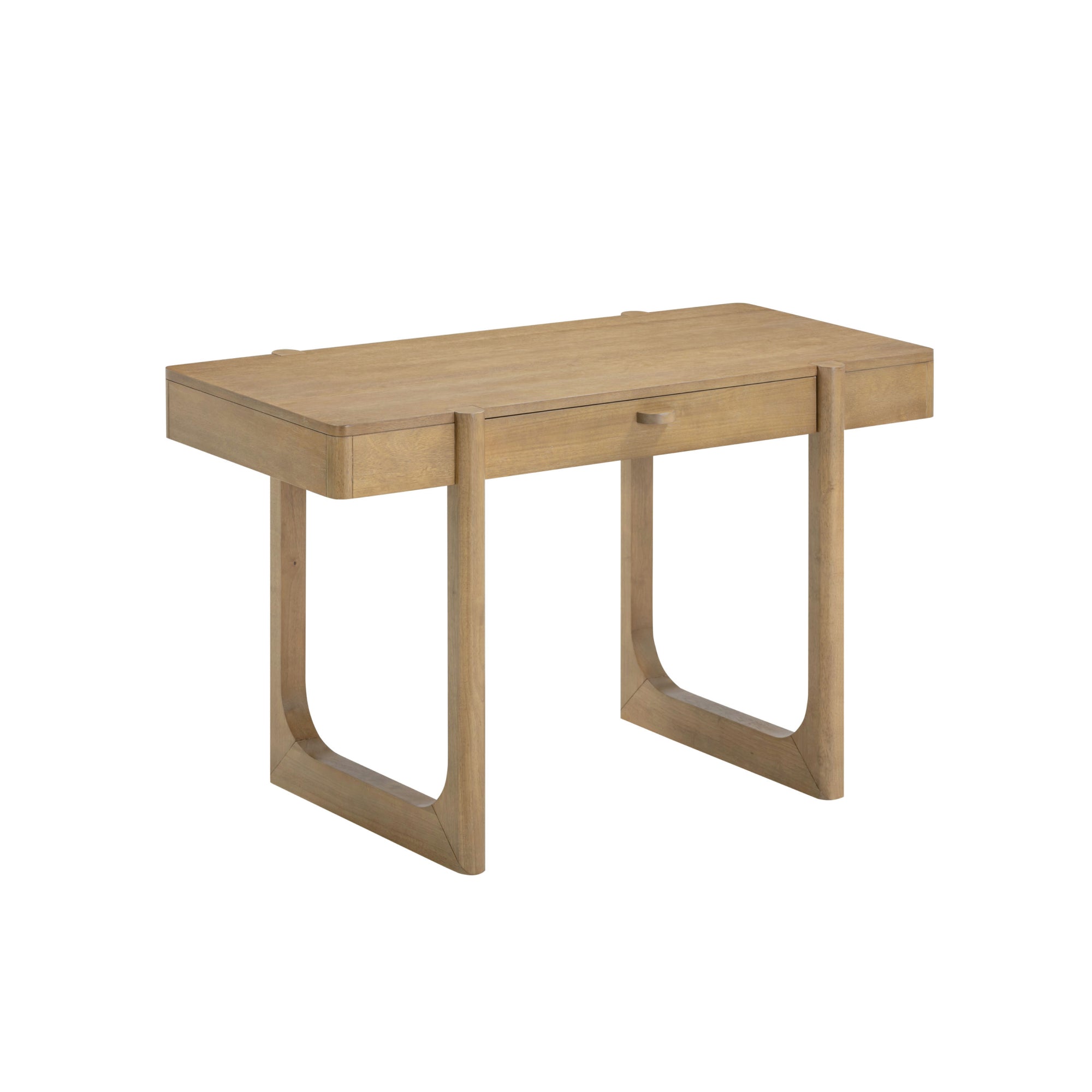 A wooden desk with a rectangular top, a single center drawer, and two U-shaped legs. The desk has a minimalist, modern design and a natural wood finish.